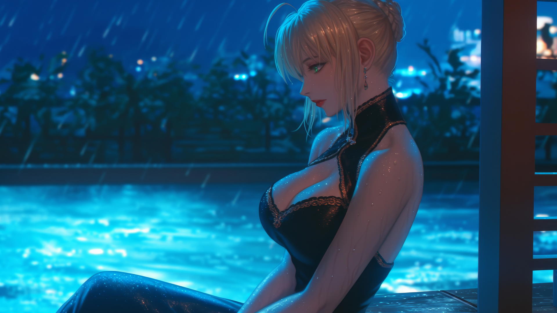 Saber from Fate Zero sits in a modern hotel room with moonlight on her figure.