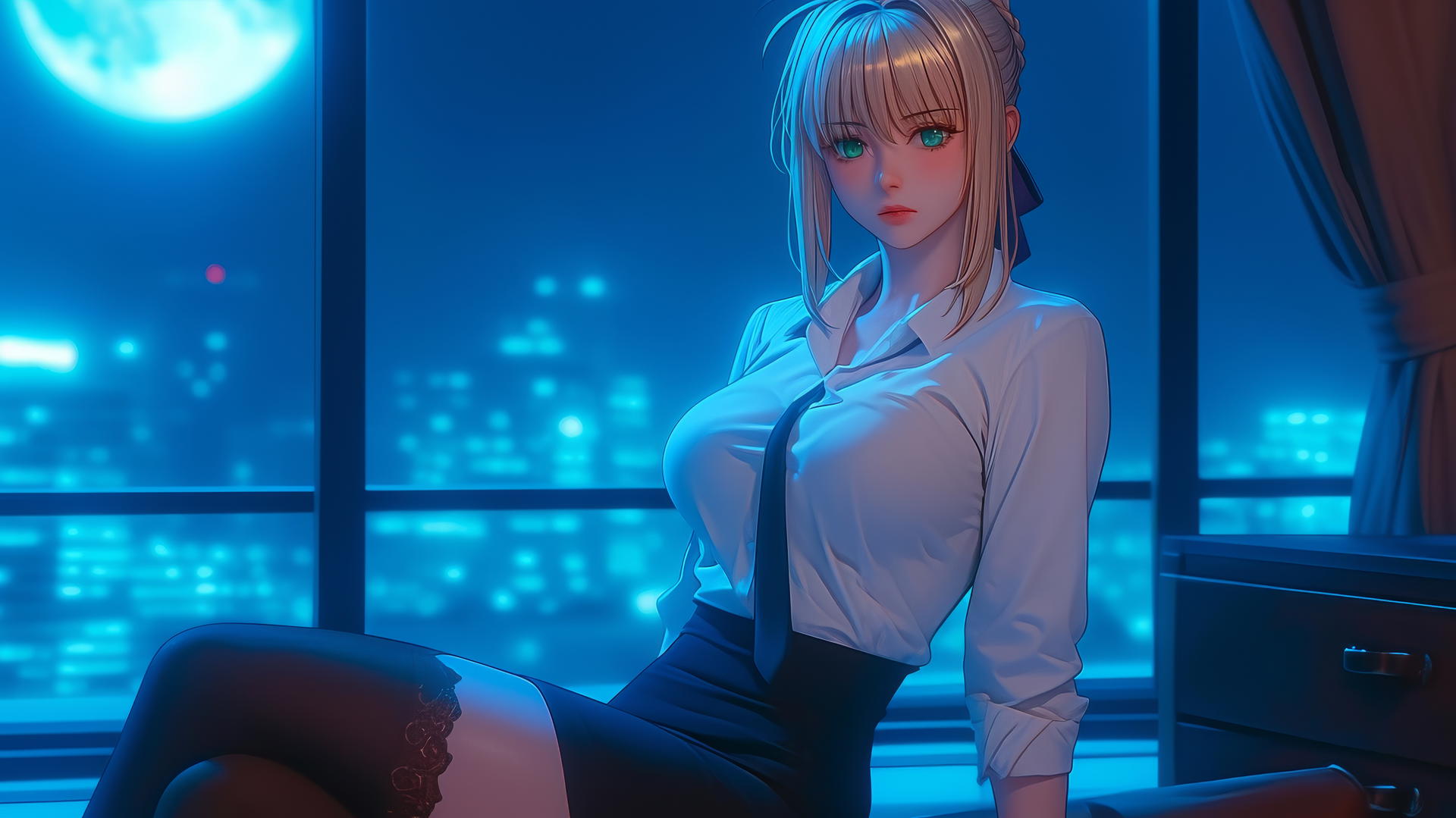 Saber from Fate Zero with green eyes, sitting leisurely in a modern hotel room, moonlight glow.