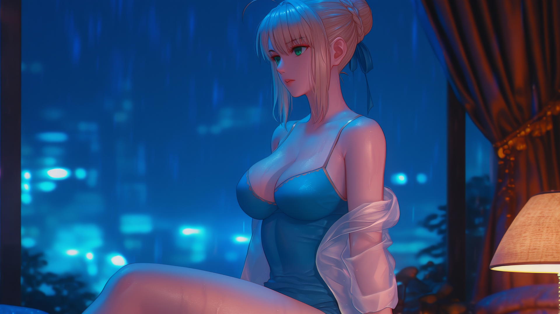 Saber from Fate Zero with green eyes, sitting in a modern hotel room illuminated by moonlight.