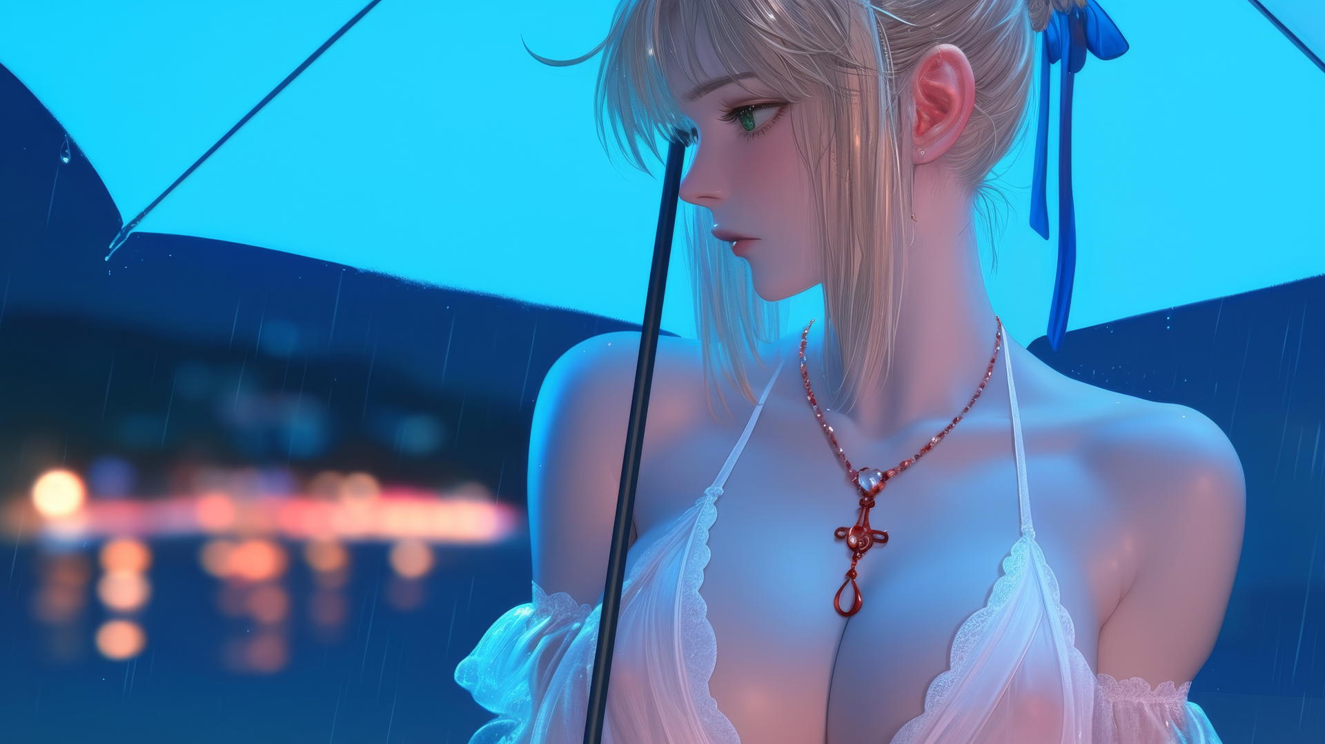 Saber from Fate Zero with green eyes, sitting leisurely in a moonlit modern hotel room.