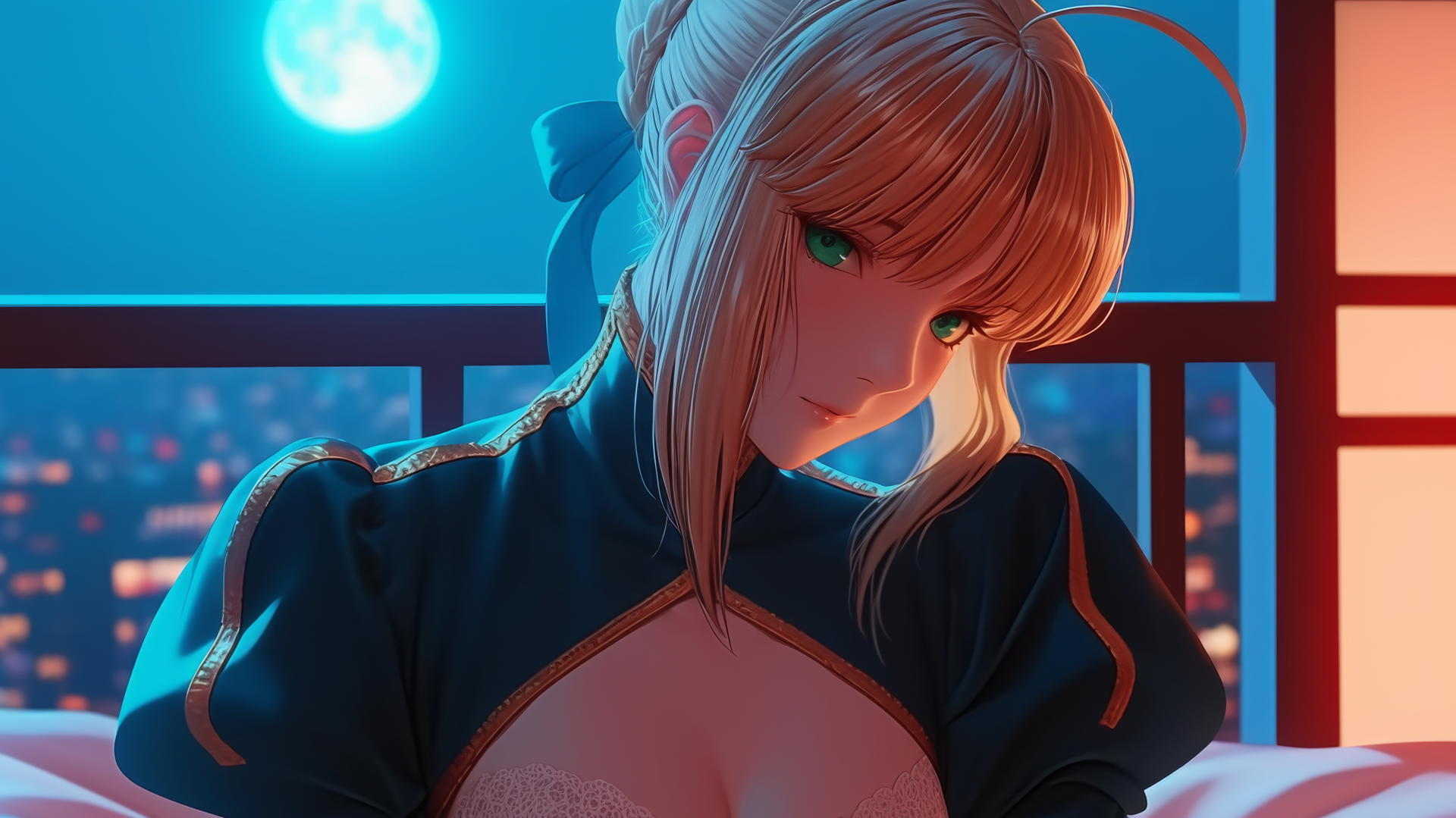 Saber from Fate Zero with green eyes sitting in a modern hotel room, moonlight glow