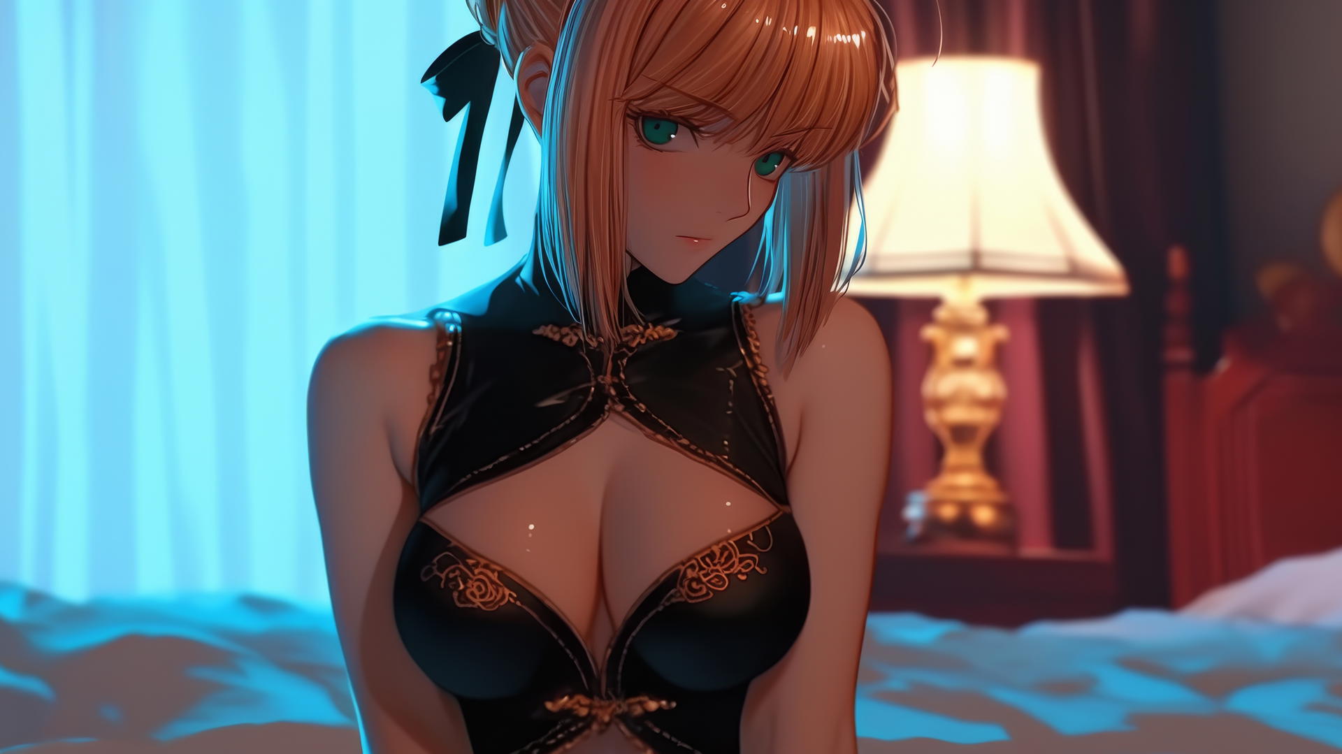 Saber from Fate Zero with green eyes, kneeling in a modern hotel room with moonlight glow.
