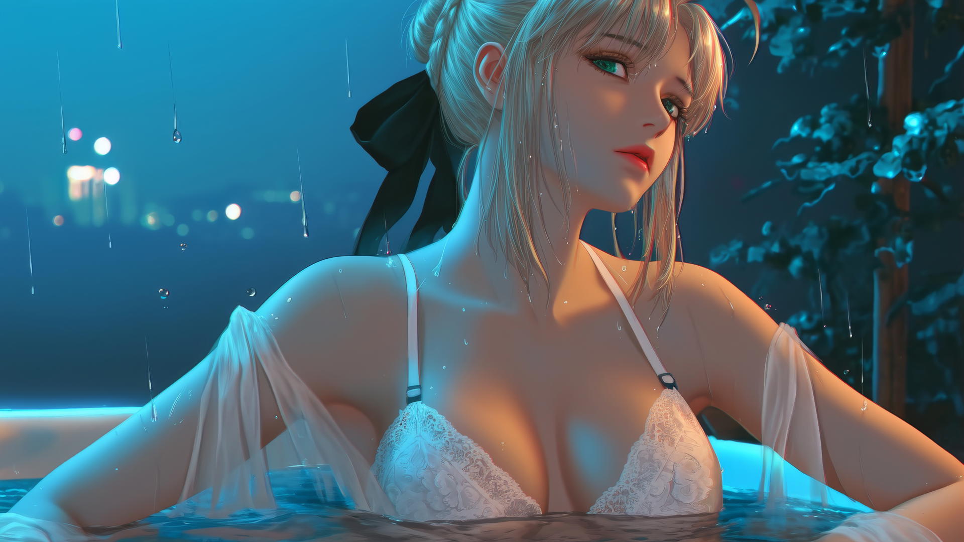 Saber from Fate Zero with green eyes, resting in a tub with neon light glow.