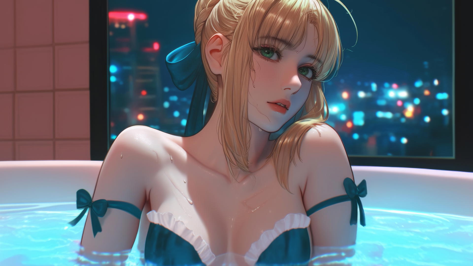 Saber from Fate Zero with green eyes resting in a tub in a modern apartment with neon lighting.
