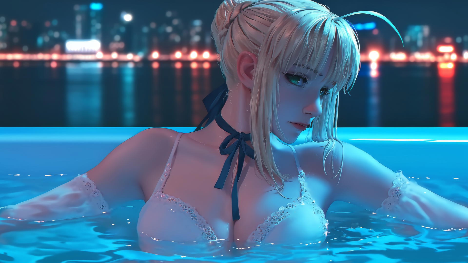 Saber from Fate Zero with green eyes, resting in a tub in a modern apartment with neon light.