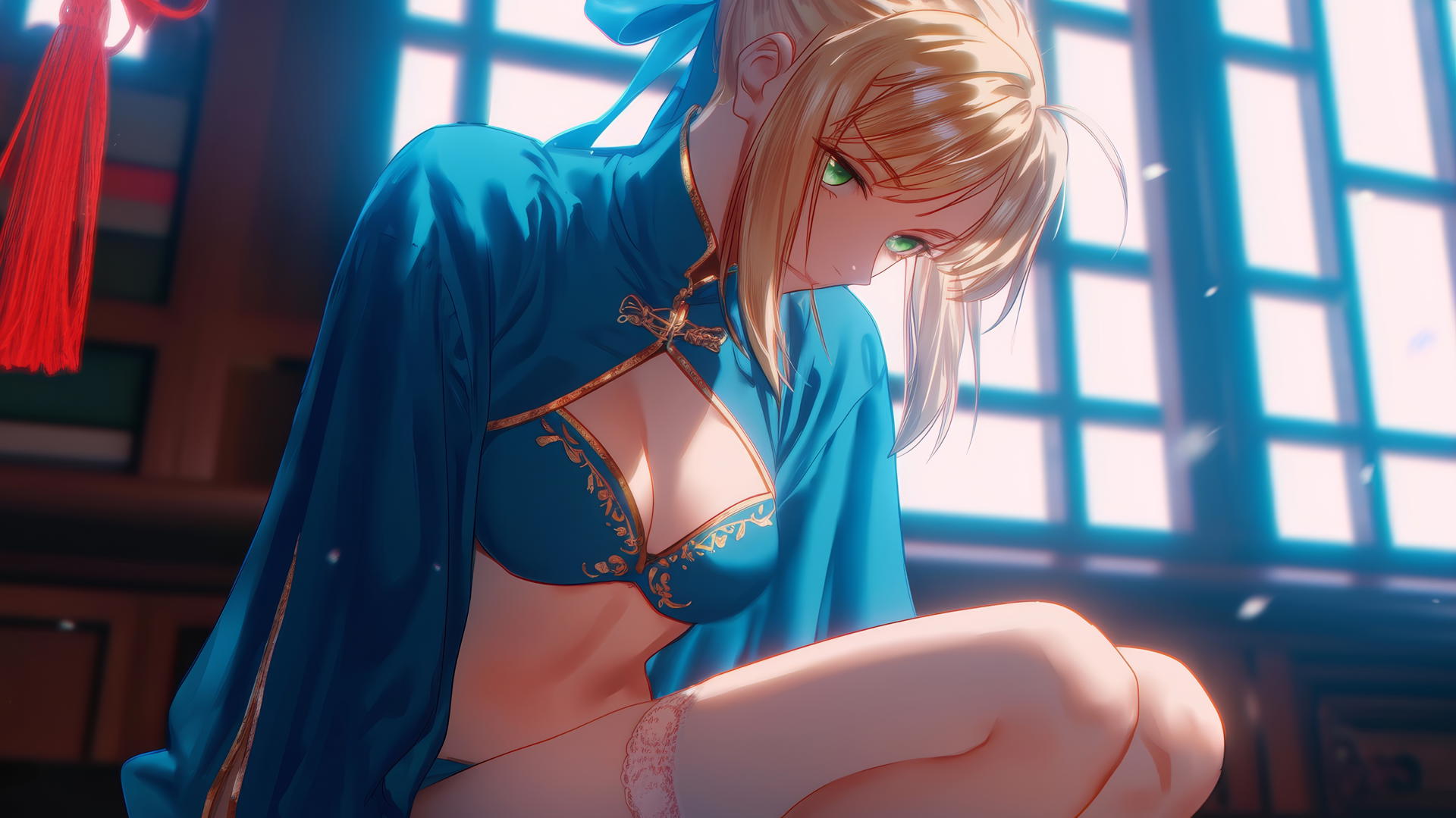 Saber from Fate Zero, kneeling and leaning with green eyes, ceiling background, warm light