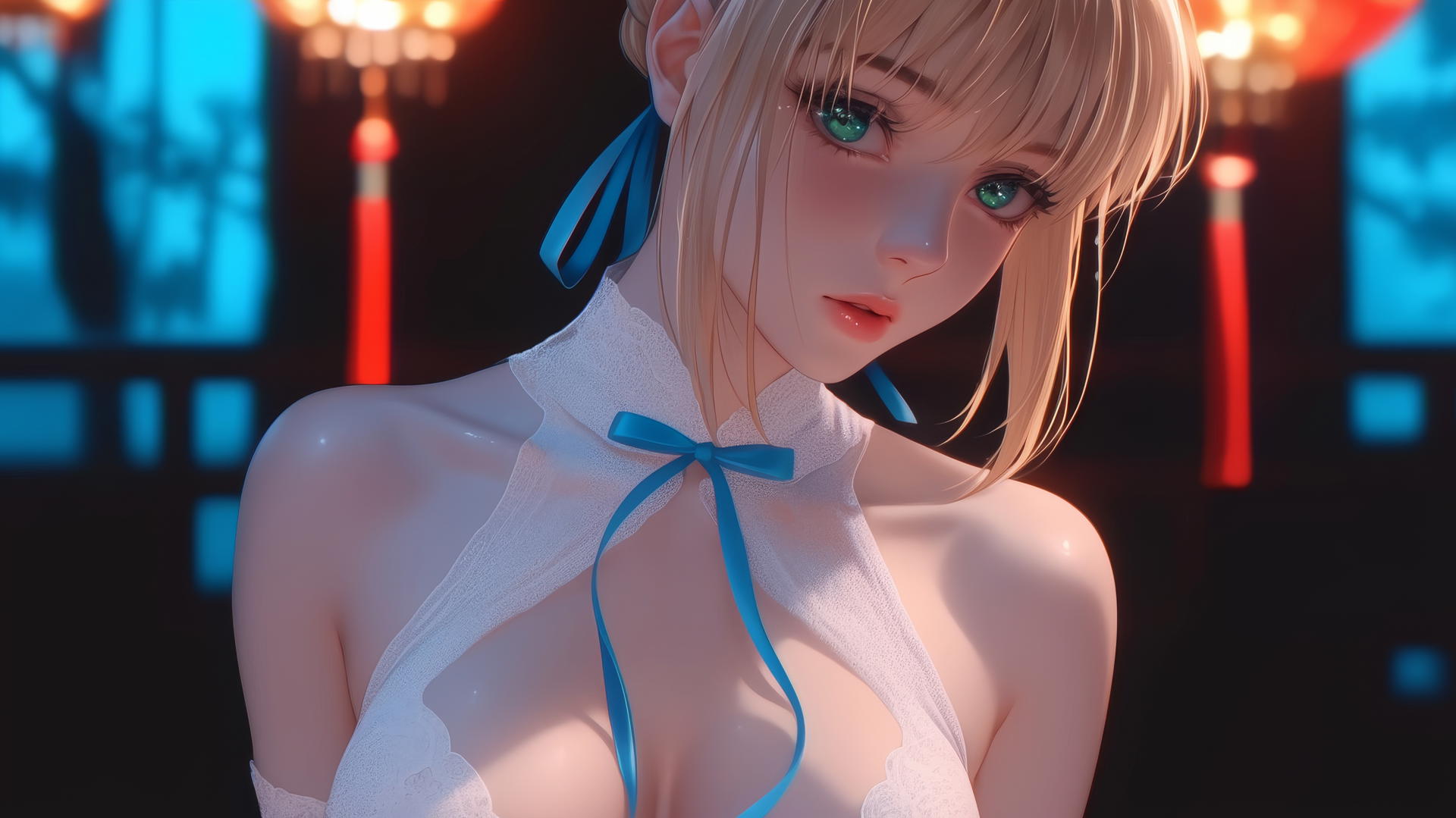 Saber from Fate Zero kneeling and leaning, green eyes, warm light glow, ceiling background