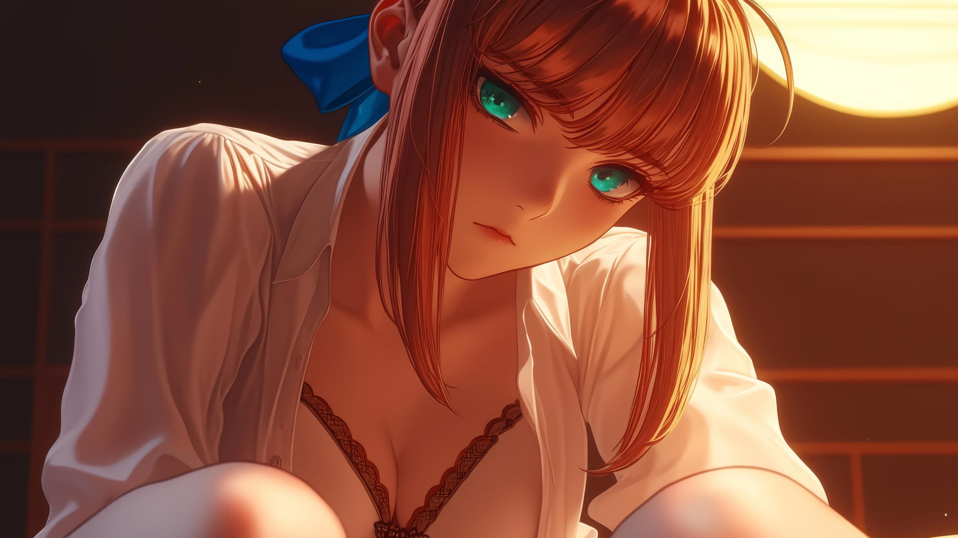 Saber from Fate Zero kneeling and leaning with green eyes, warm light and ceiling background