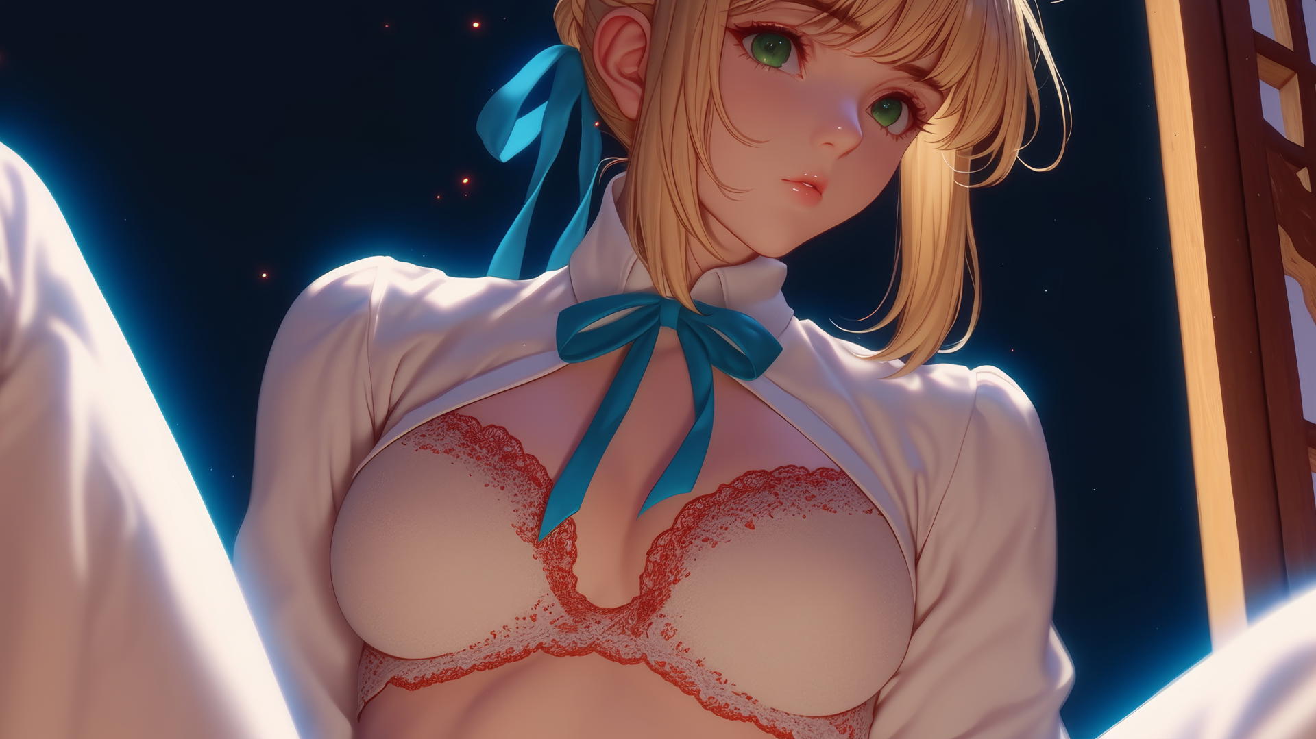 Saber from Fate Zero kneeling and leaning forward, green eyes, ceiling background, warm light