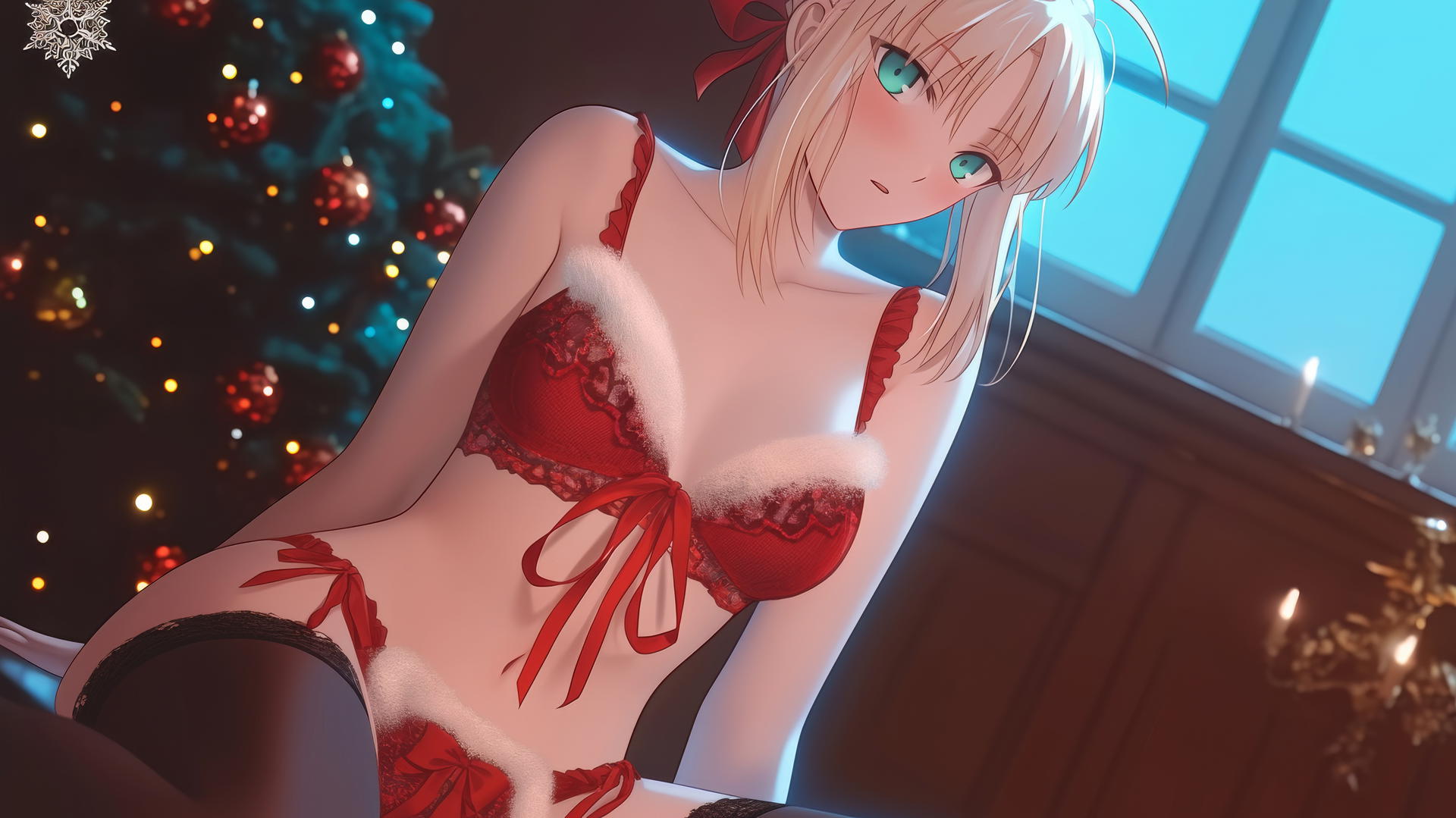 Saber from Fate Zero in Christmas attire, kneeling, with warm light and green eyes.