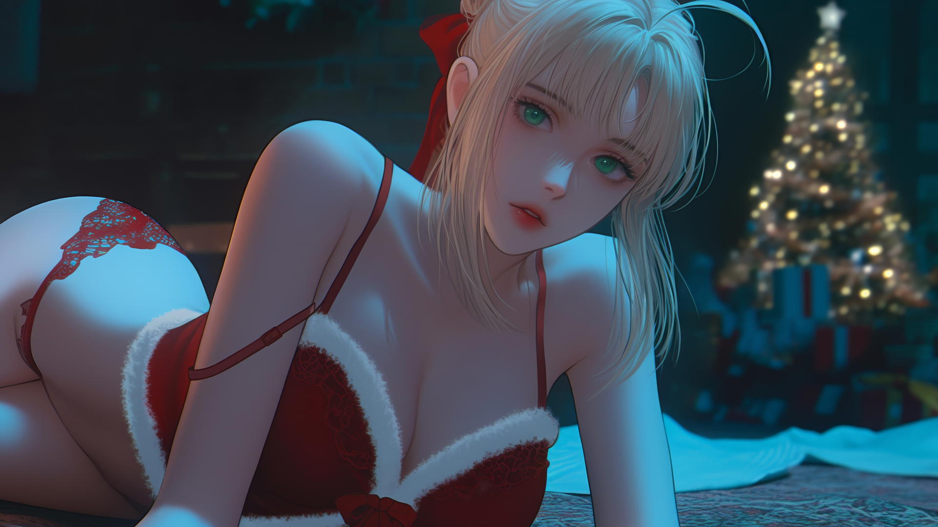 Saber from Fate Zero wearing Christmas style red, kneeling and leaning forward