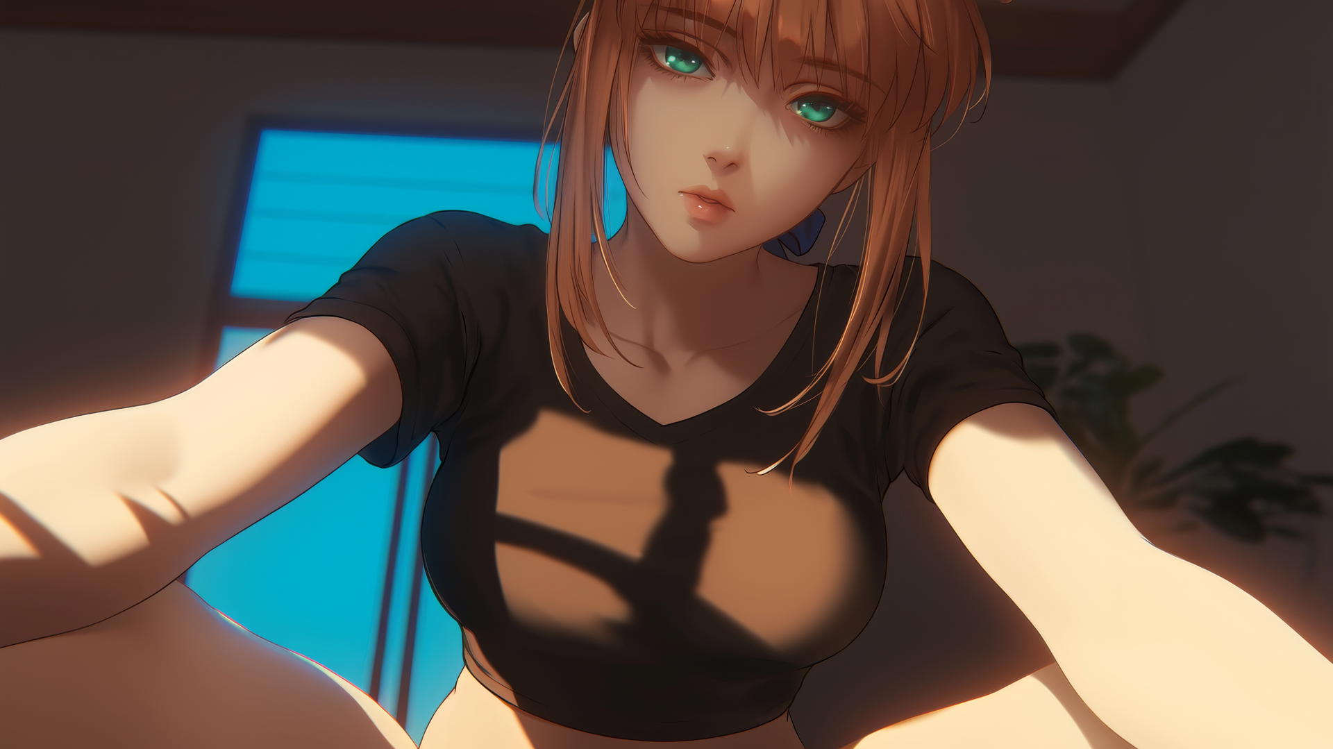 Saber from Fate Zero kneeling, leaning forward with green eyes in warm light.