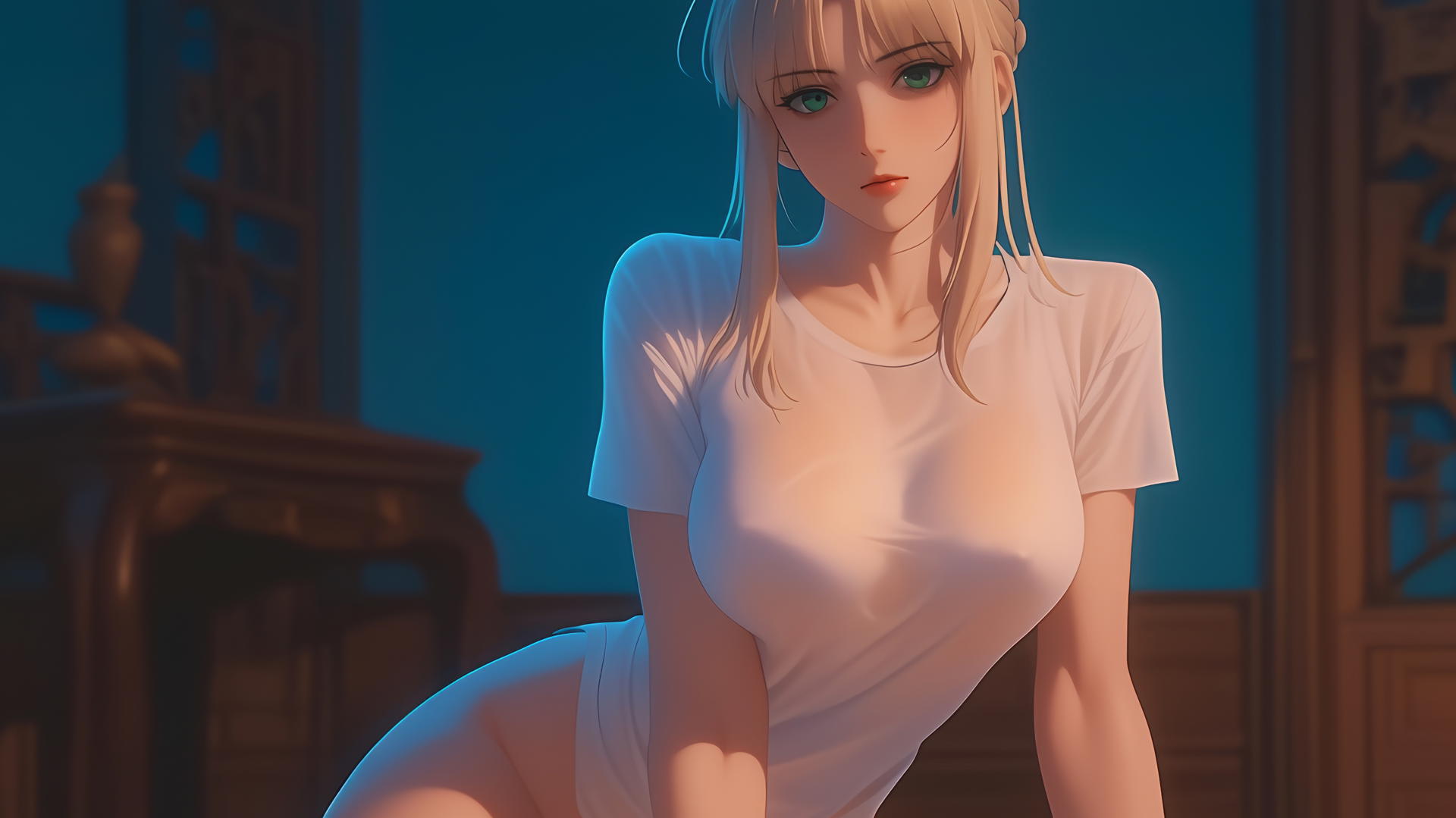 Saber from Fate Zero kneeling and leaning forward, green eyes, ceiling background