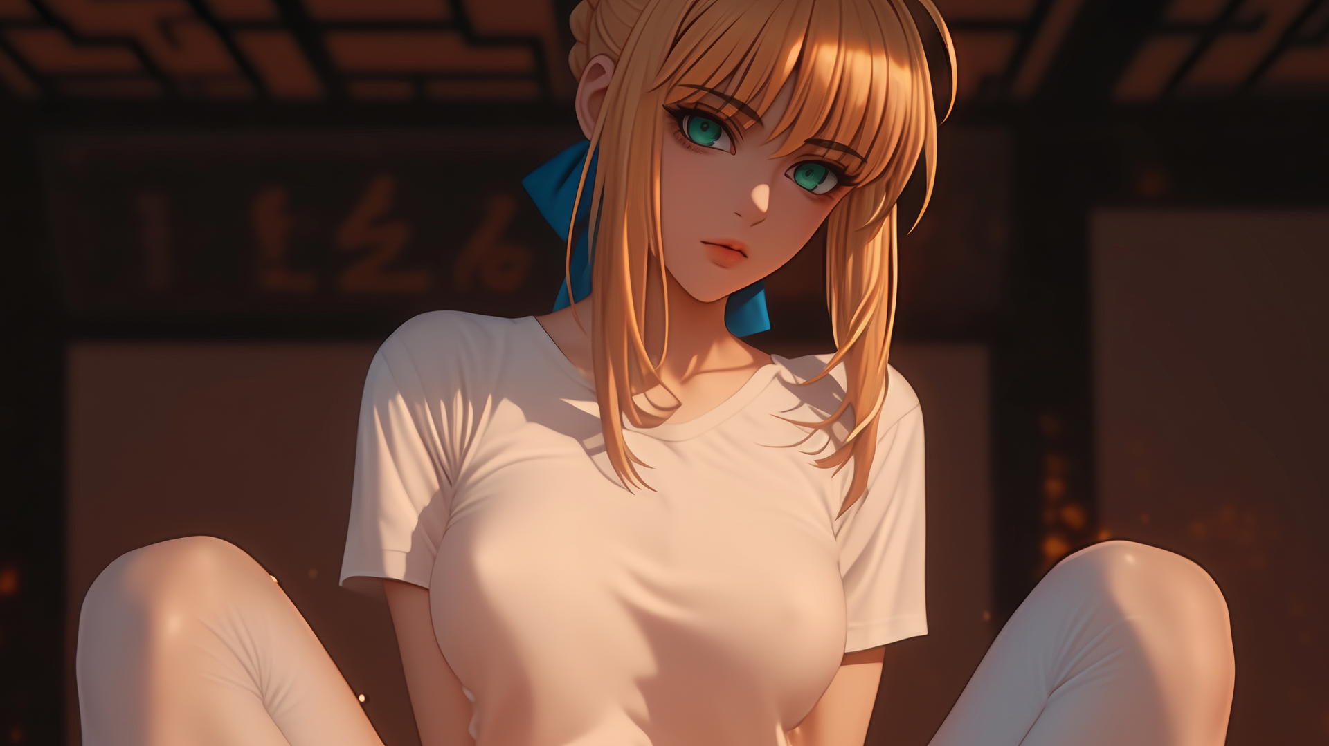 Saber from Fate Zero kneeling and leaning, seen from below, warm light glow.