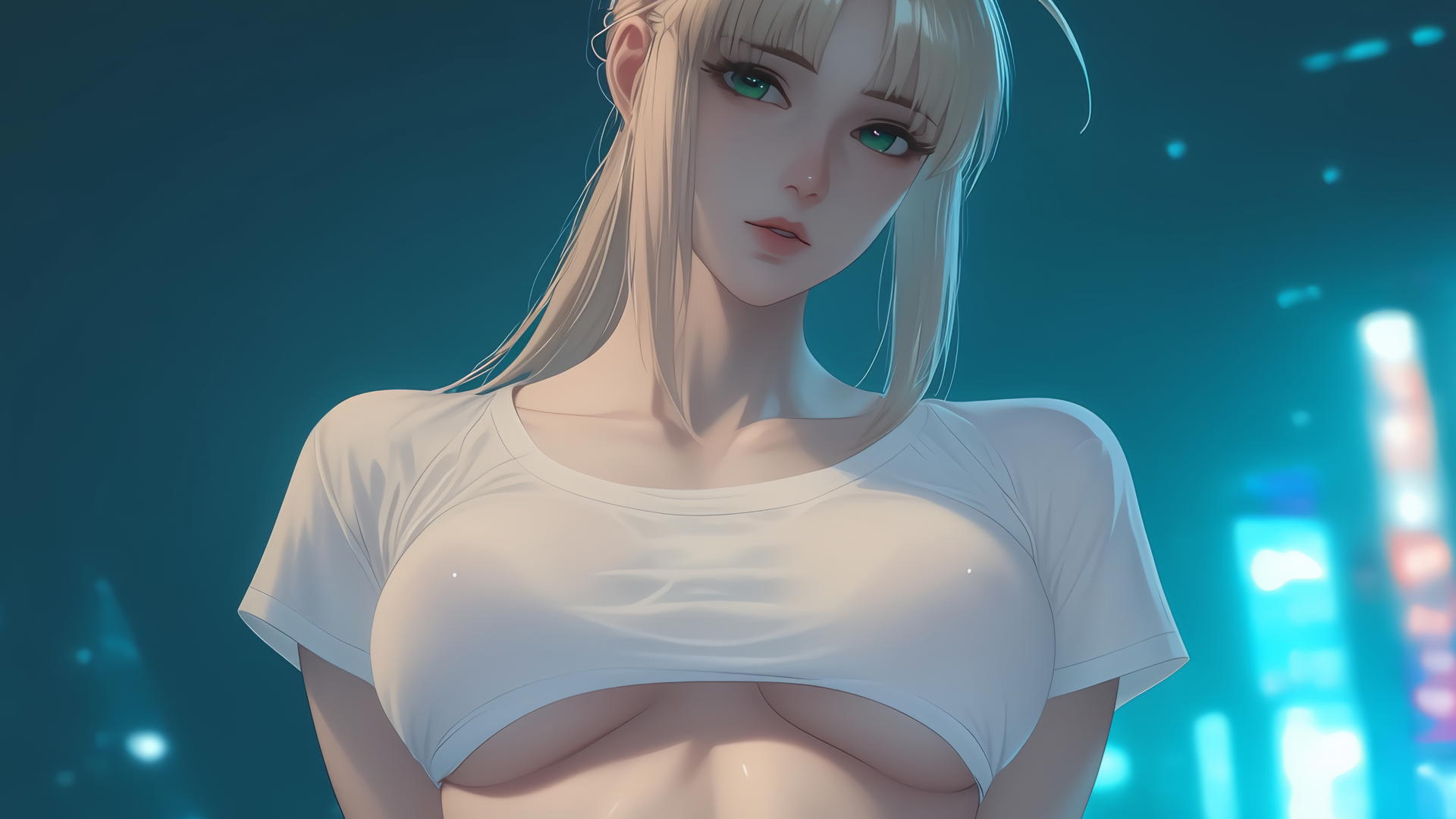 Saber from Fate Zero kneeling, leaning forward with green eyes in a warm glow