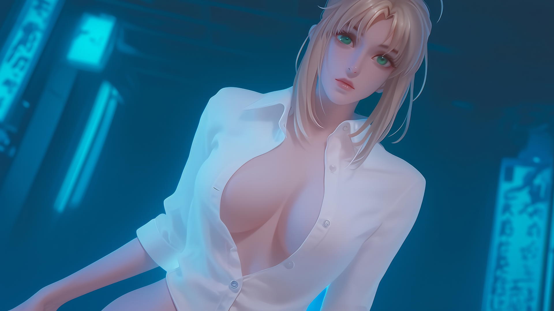 Saber from Fate Zero kneeling, green eyes, warm light, ceiling background