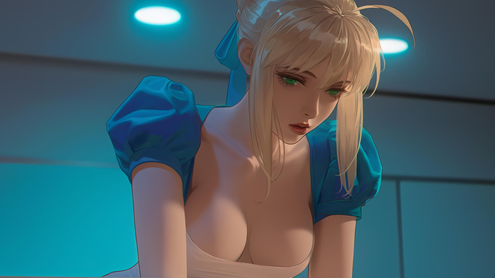 Saber from Fate Zero in a broken t-shirt, kneeling and leaning, warm light