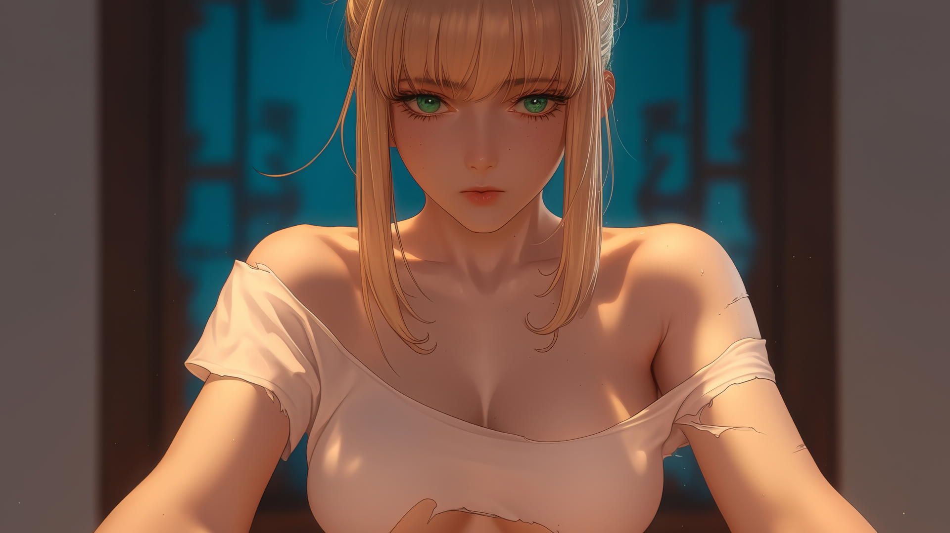 Saber from Fate Zero kneeling and leaning down, warm light, green eyes, ceiling background.
