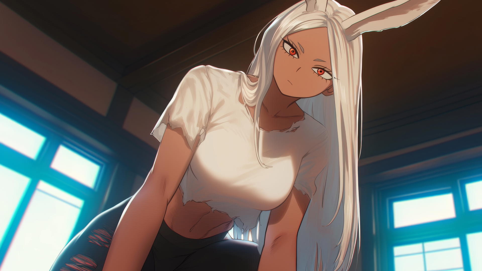 Mirko from My Hero Academia in a worn-out t-shirt, kneeling, with rabbit ears and white hair.