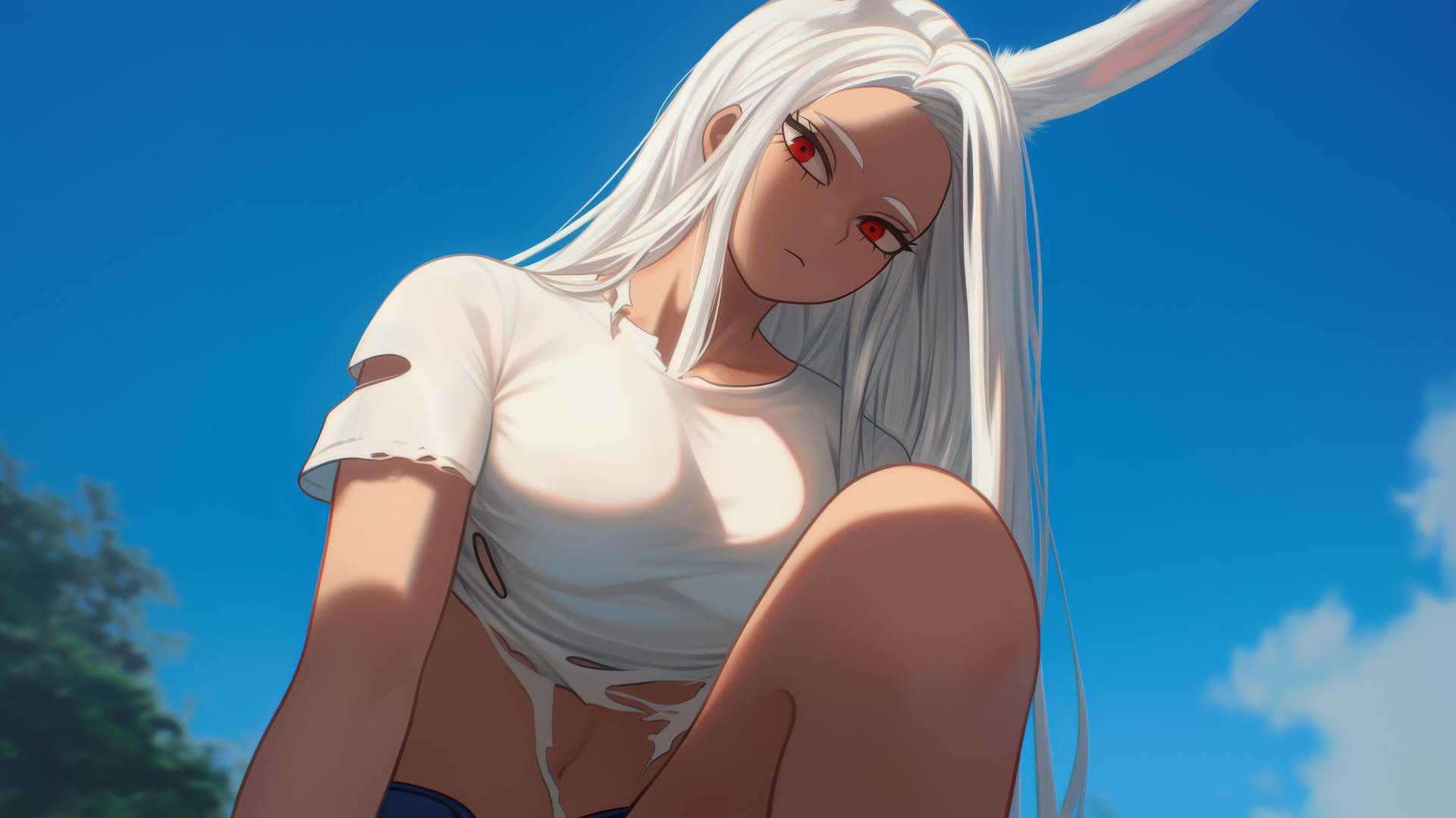 Tan-skinned Mirko from My Hero Academia in a worn-out t-shirt, kneeling and leaning with white rabbit ears and long straight white hair, seen from below.
