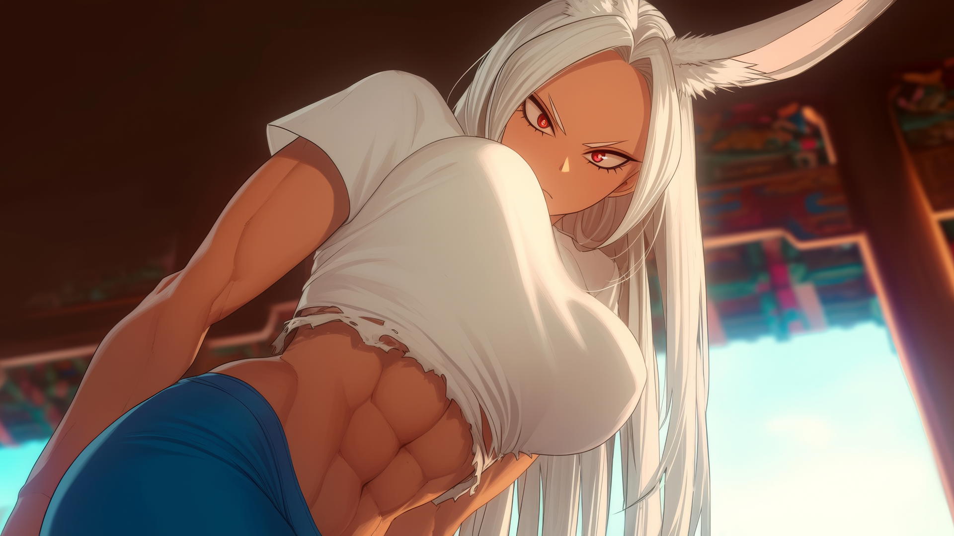 Mirko from My Hero Academia kneeling towards viewer, worn-out shirt, long white hair, rabbit ears, ceiling background.