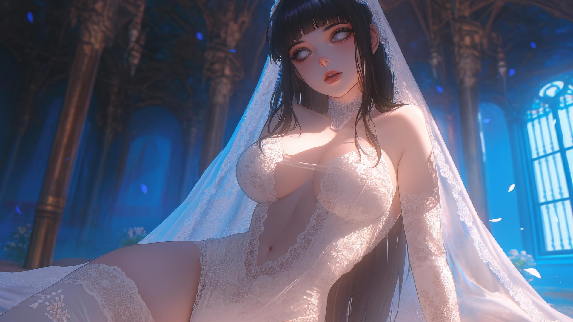 Hinata Hyuga in a wedding dress kneeling and leaning down with warm light