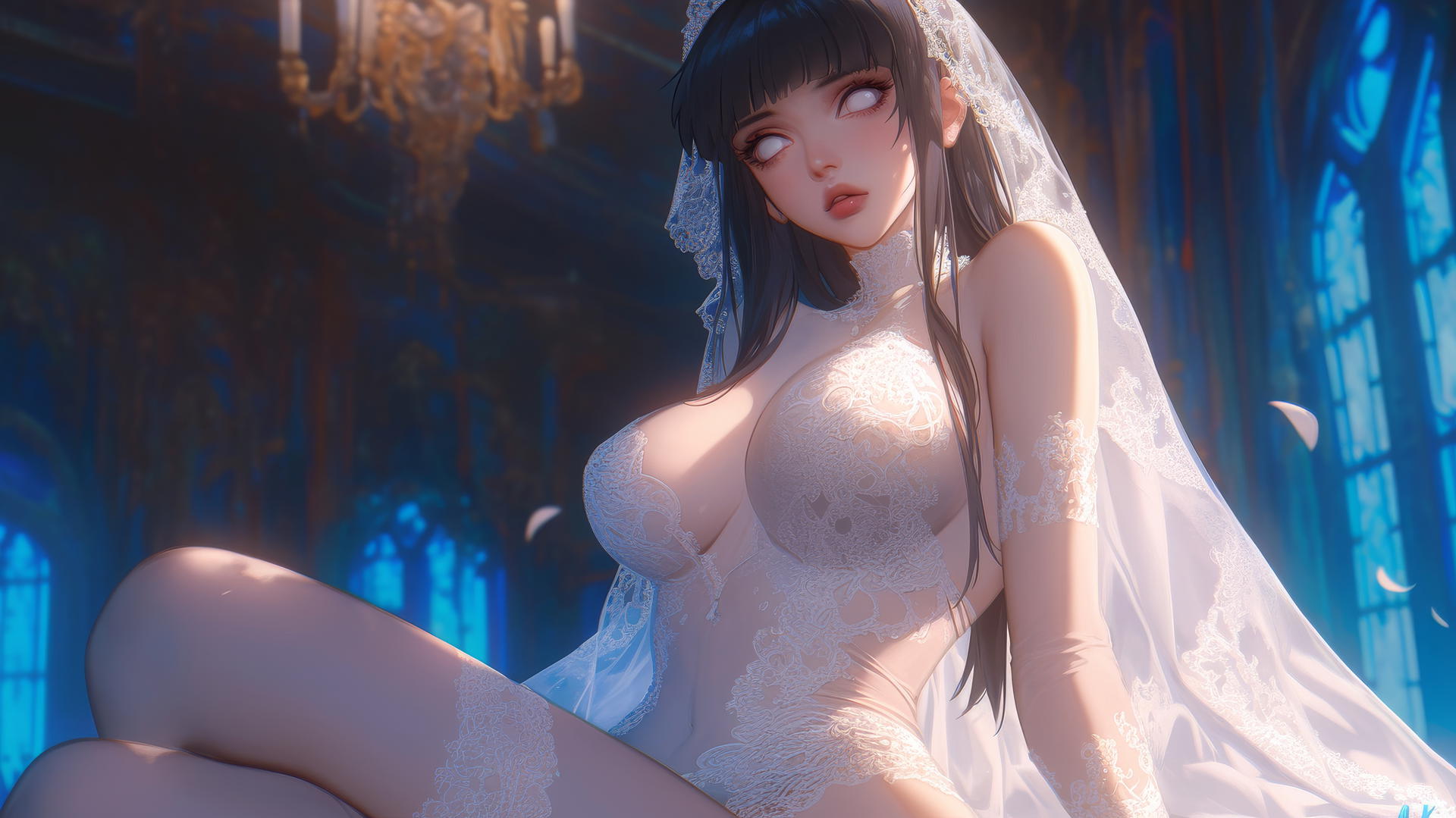 Hinata Hyuga in a wedding dress, kneeling with white eyes, seen from below, warm light.