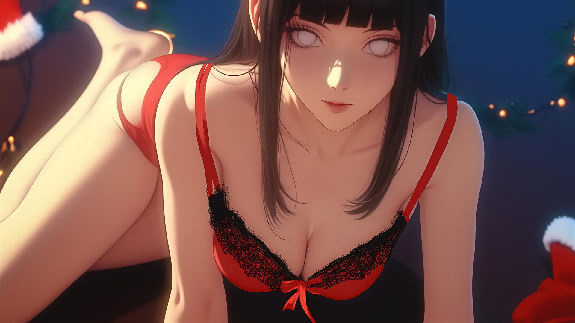 Hinata Hyuga kneeling in Christmas attire, white eyes, seen from below, warm light glow.
