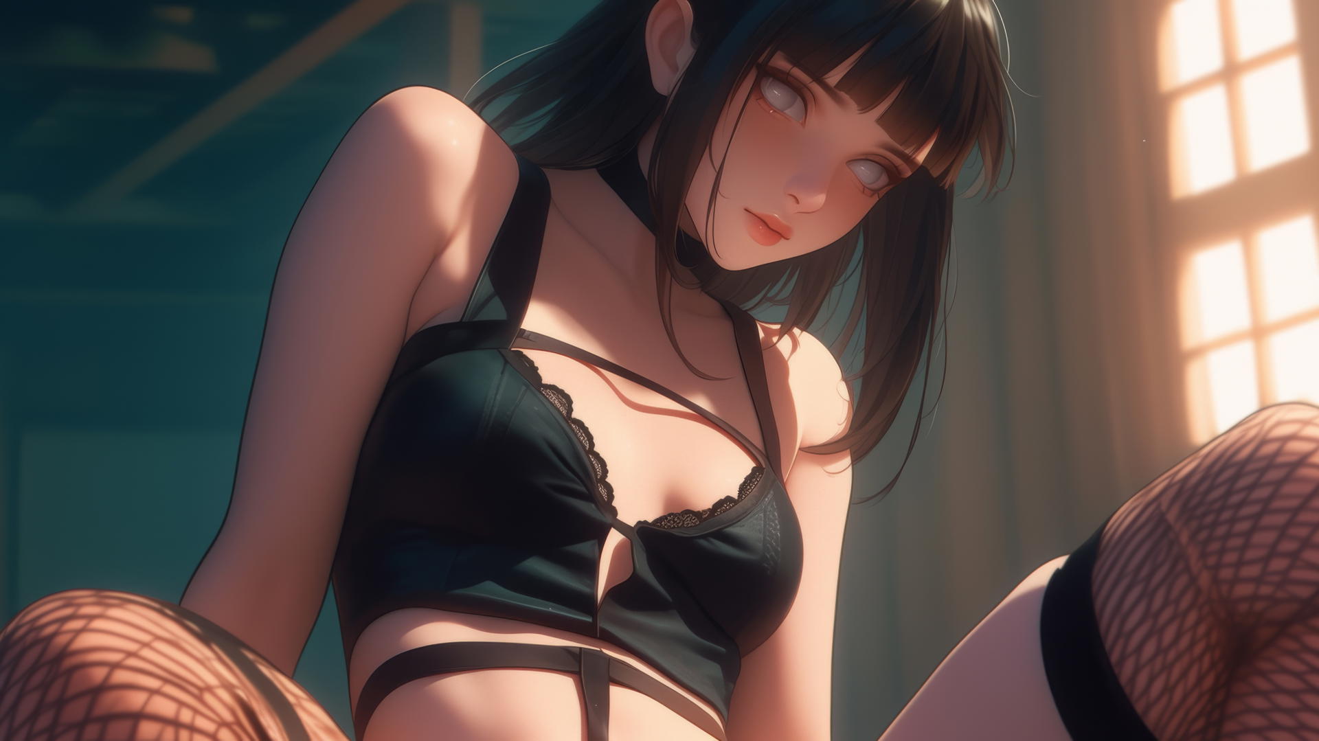 Hinata Hyuga kneeling and leaning down with white eyes, viewed from below.