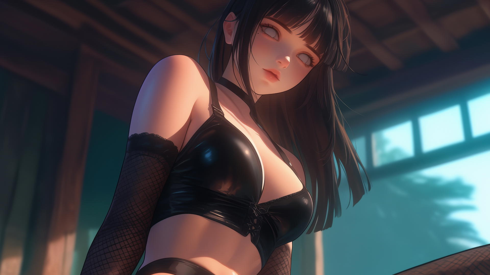 Hinata Hyuga kneeling and leaning forward with white eyes, warm light highlighting her muscular figure.