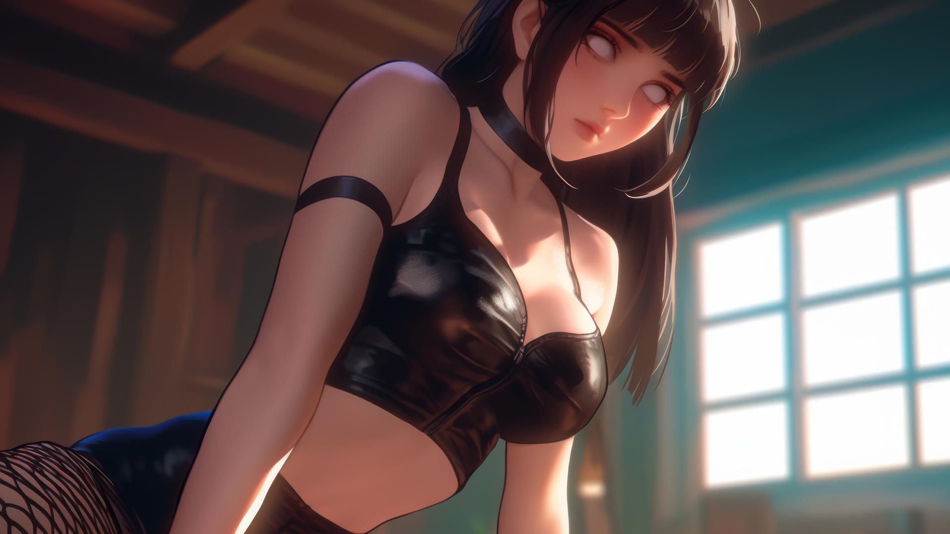 Hinata Hyuga kneeling and leaning forward with glowing white eyes, ceiling background