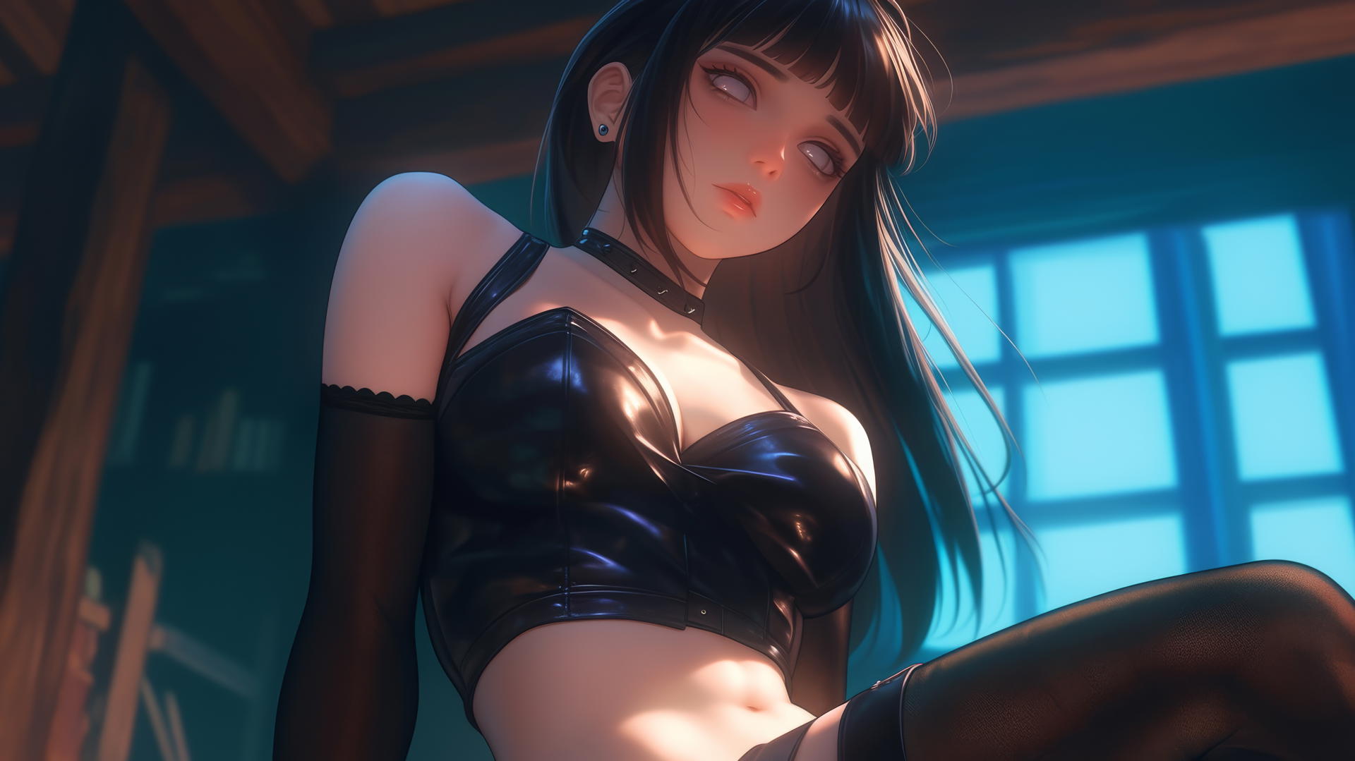 Hinata Hyuga from Naruto kneeling and leaning towards the viewer with white eyes, viewed from below.