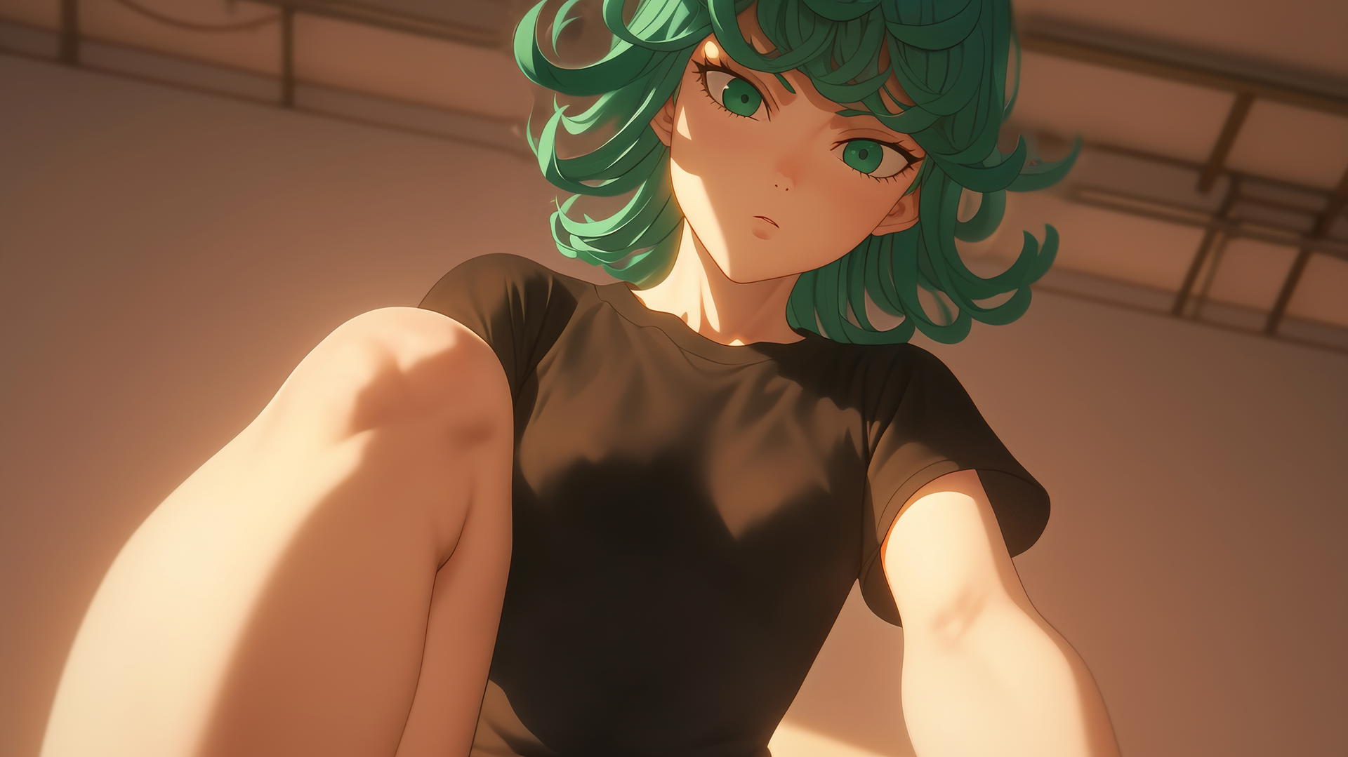 Tatsumaki from One-Punch Man kneels and leans downward, emerald eyes glowing under warm light.