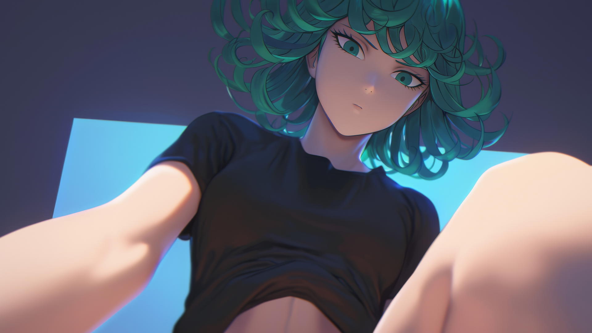 Tatsumaki from One-Punch Man with green eyes and hair, kneeling, looking downward.