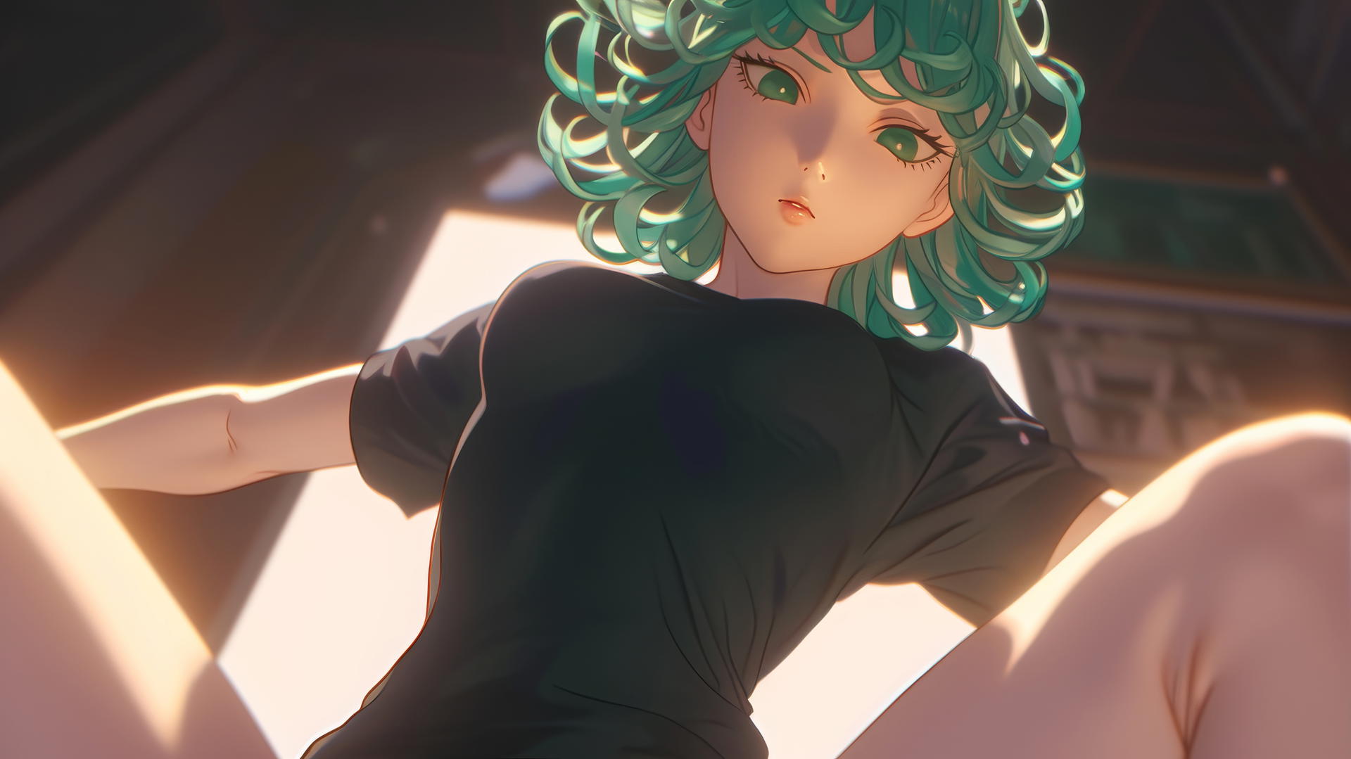 Tatsumaki from One-Punch Man kneeling and leaning forward with green eyes and hair, ceiling background