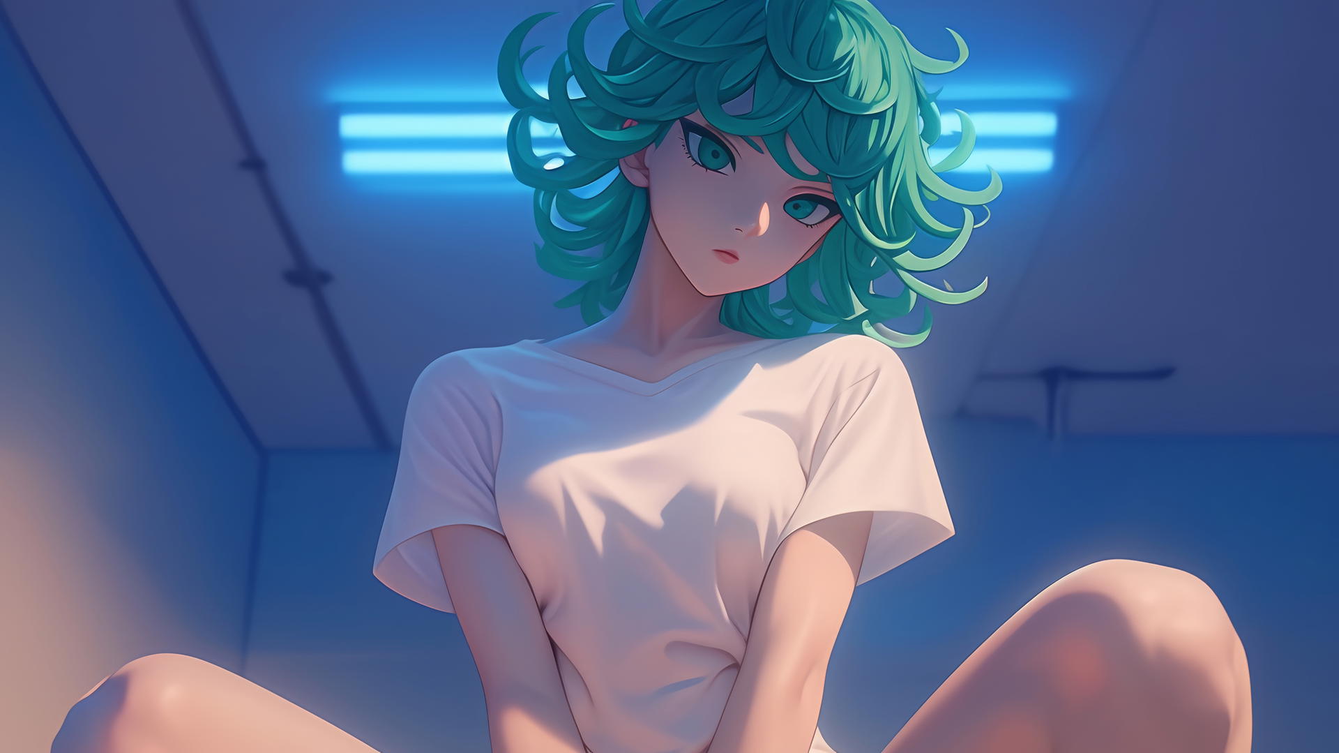 Tatsumaki from One-Punch Man, kneeling and leaning forward with green hair and eyes