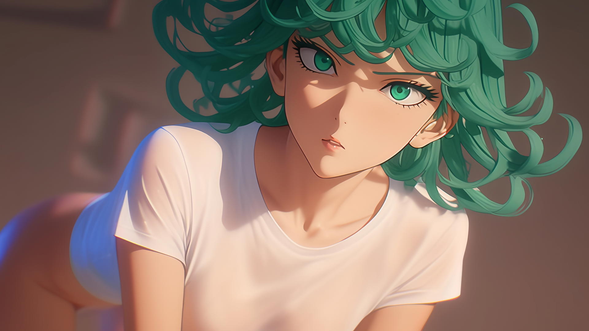 Tatsumaki from One-Punch Man kneeling, leaning forward, with emerald hair and eyes.