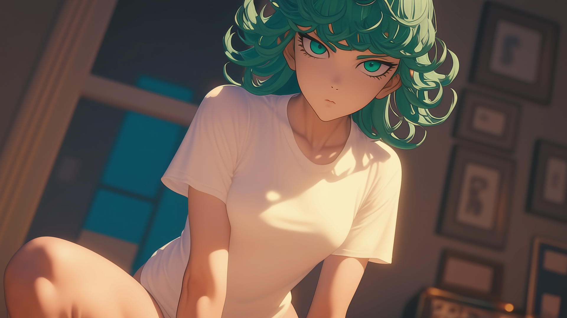 Tatsumaki from One-Punch Man, with green hair and emerald eyes, kneeling and leaning forward under warm light with a ceiling background.