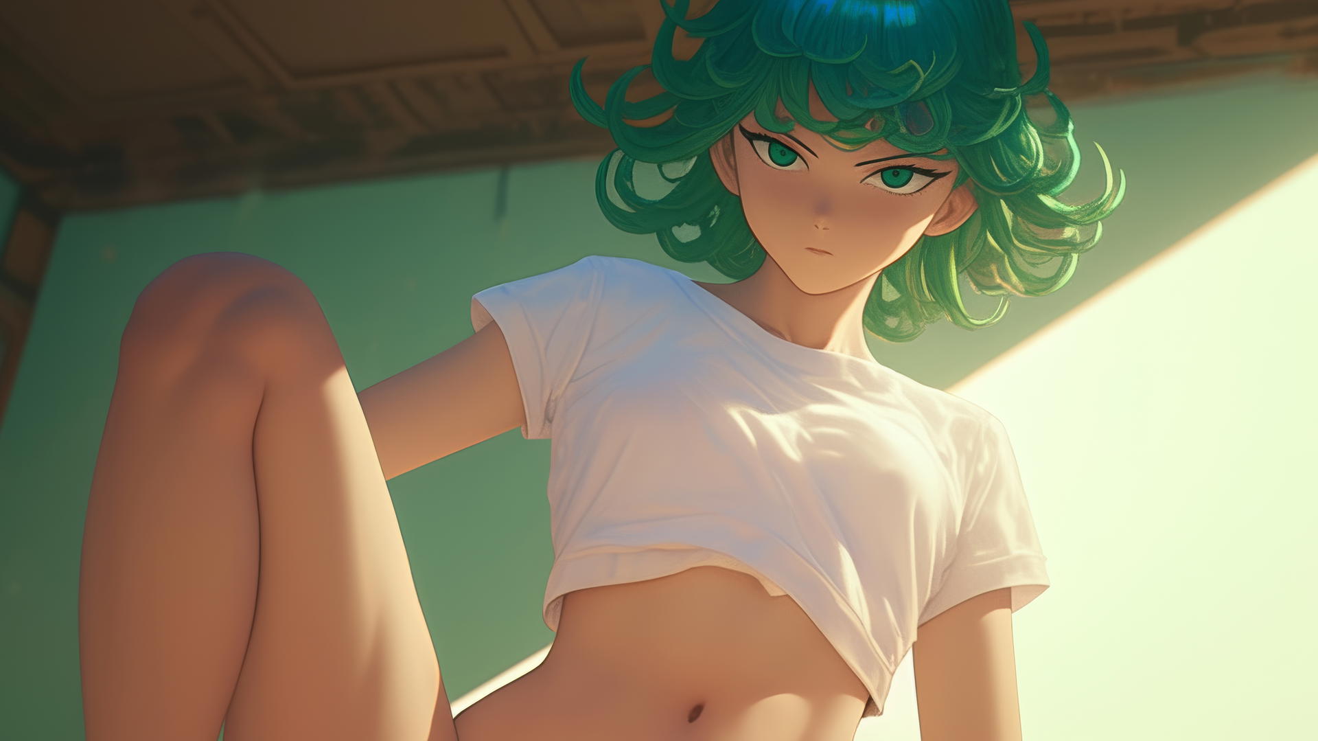 Tatsumaki kneeling and leaning with an adolescent face, green eyes and hair, warm light