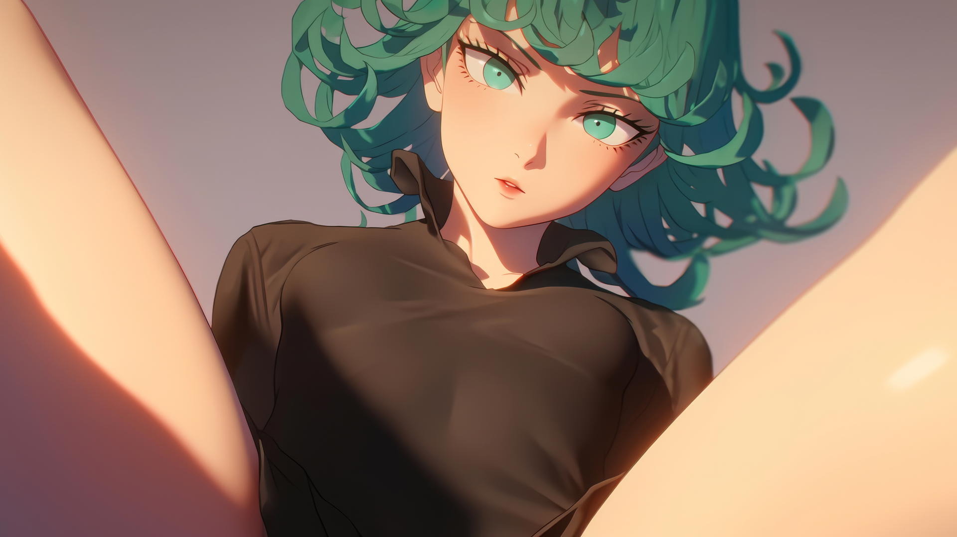 Tatsumaki from One-Punch Man kneeling and leaning forward with emerald green hair and eyes, seen from below