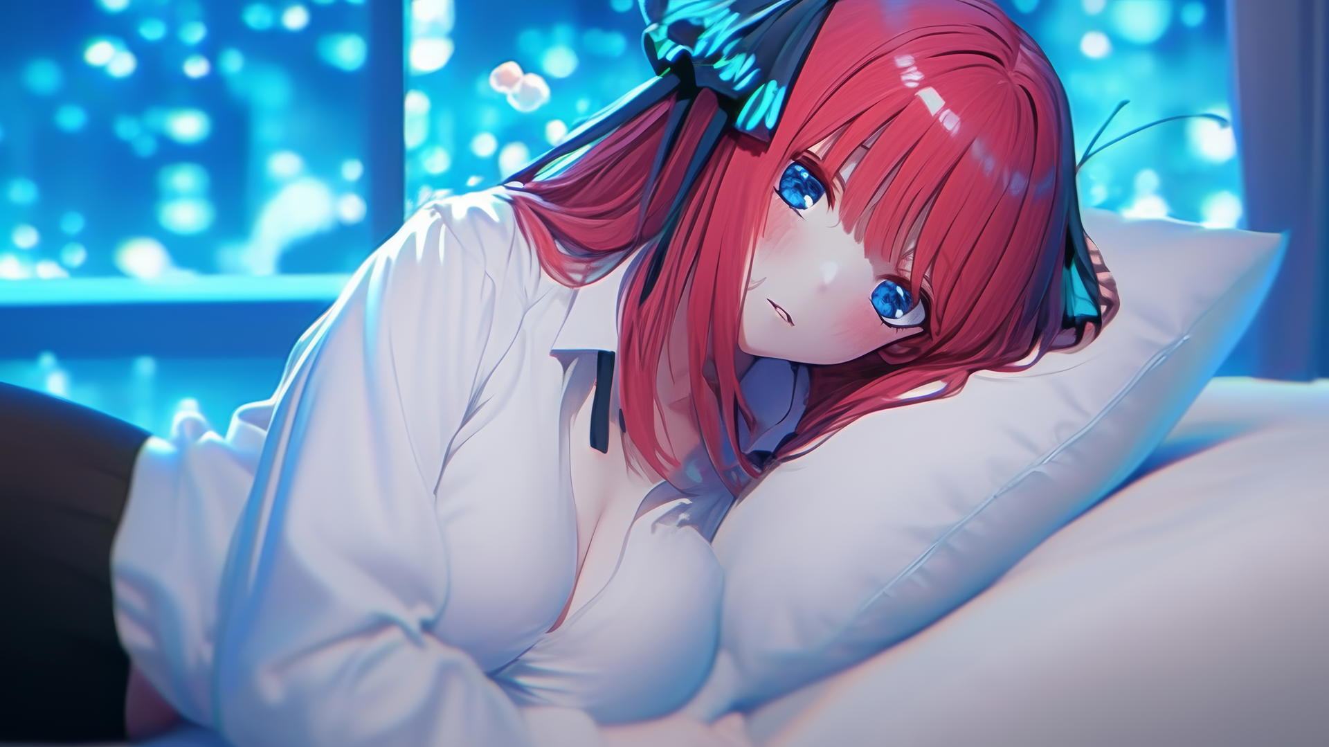 Nino Nakano in jk uniform resting in a modern hotel room with moonlit glow.