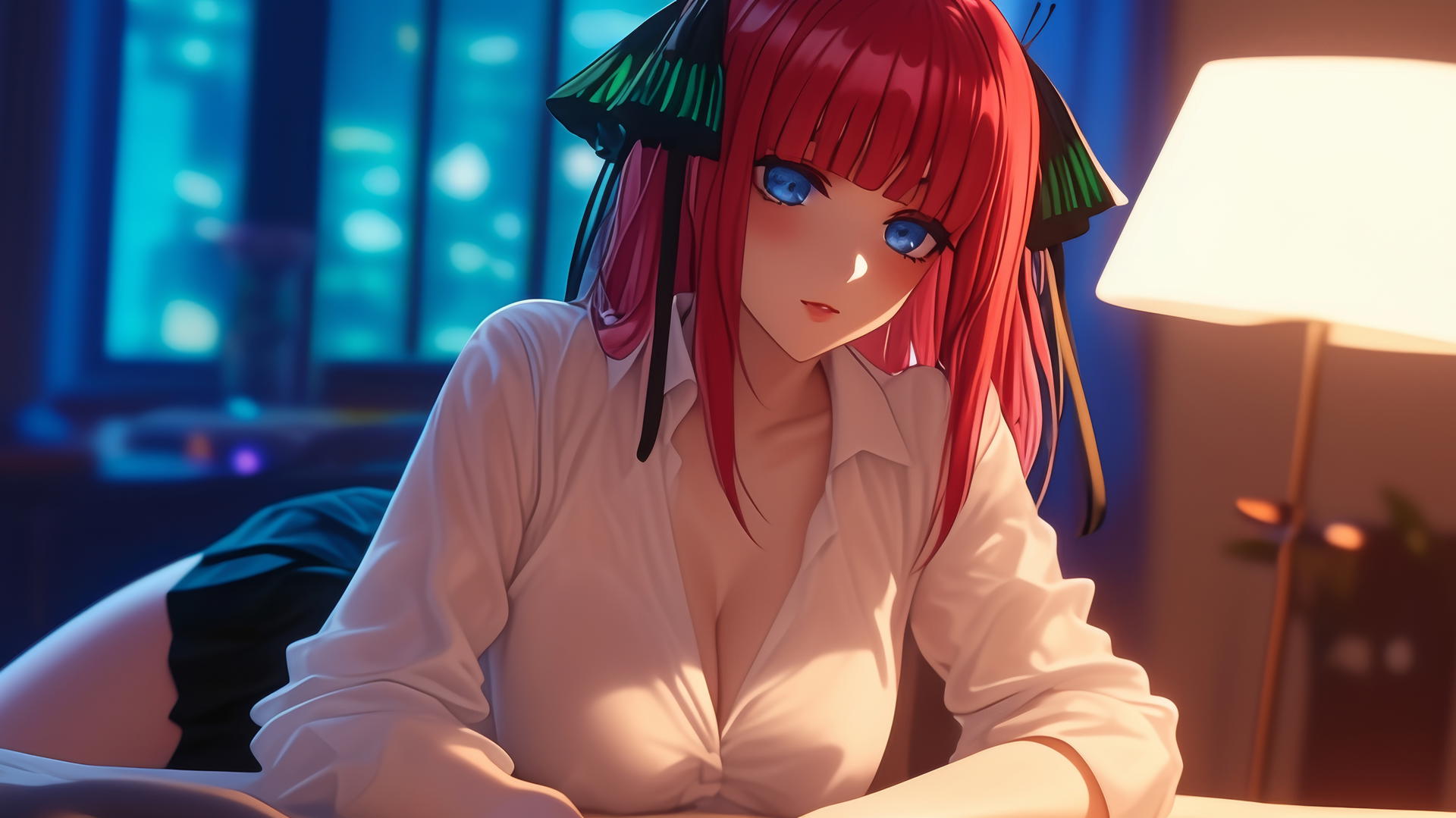 Nino Nakano in JK uniform resting in a modern hotel room with moonlight glow