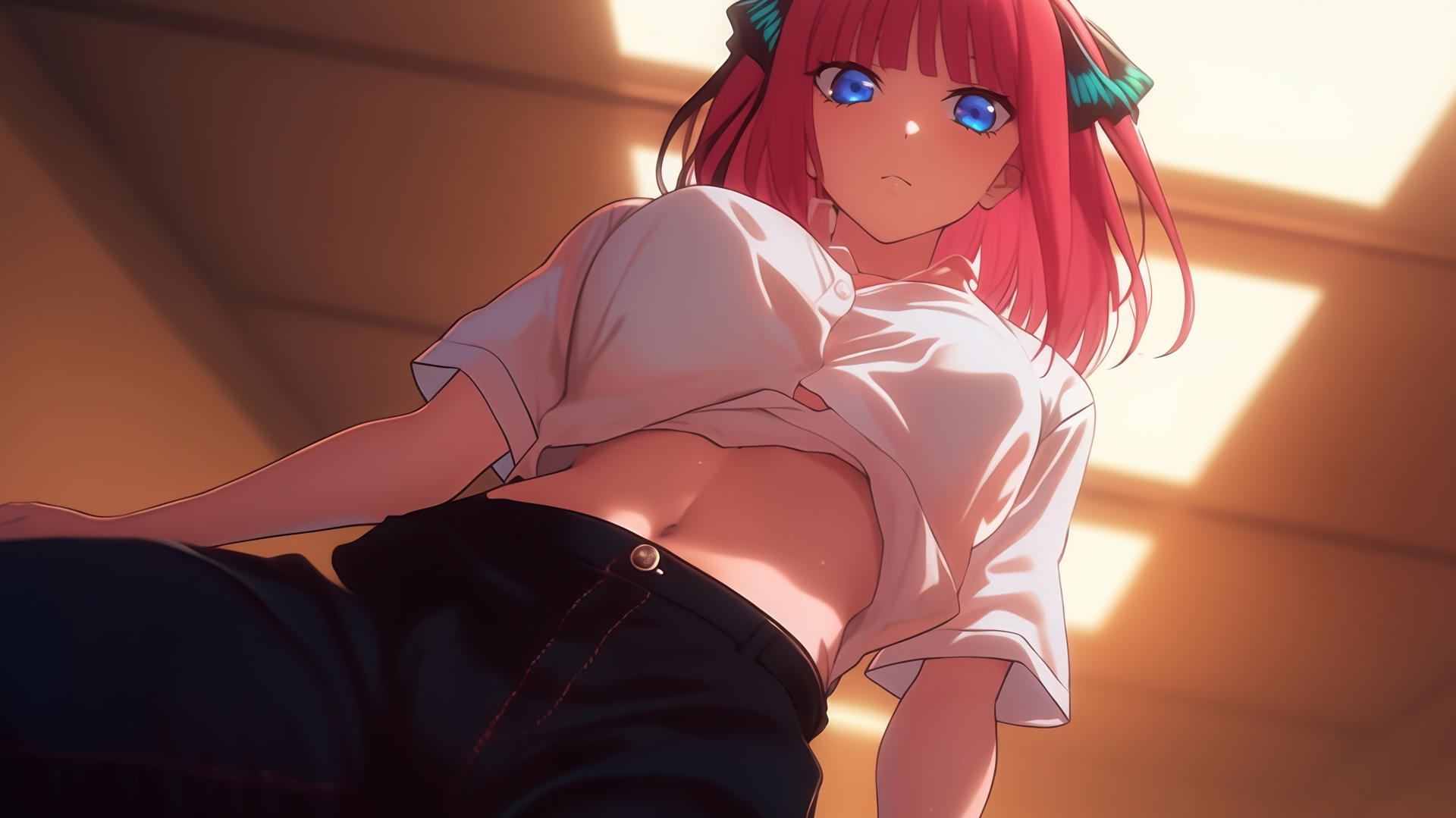Nino Nakano kneeling, leaning down with reddish pink hair and dark blue eyes.