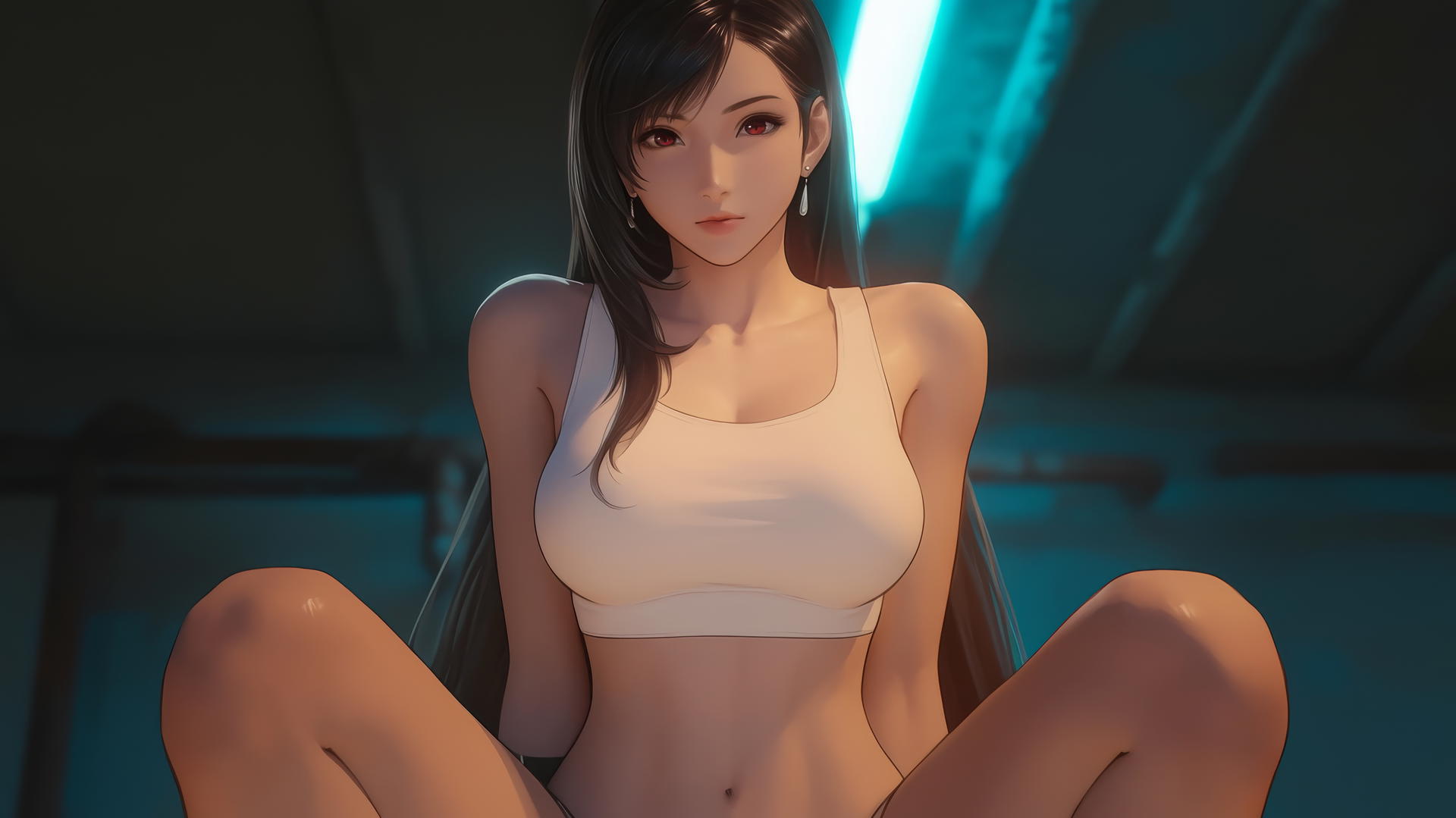 Tifa Lockhart kneels, leaning forward with warm light and a ceiling background.