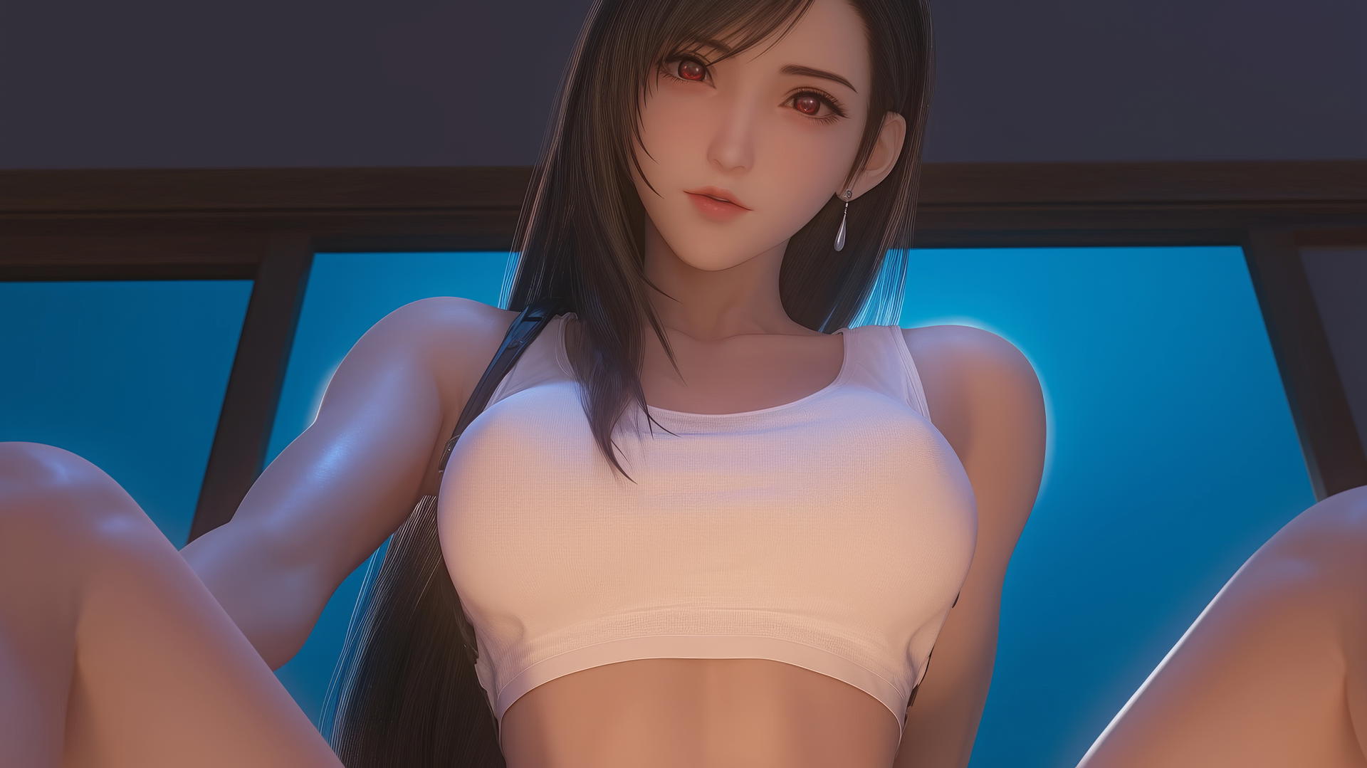 Tifa Lockhart in white T-shirt kneeling, leaning forward, warm light glow