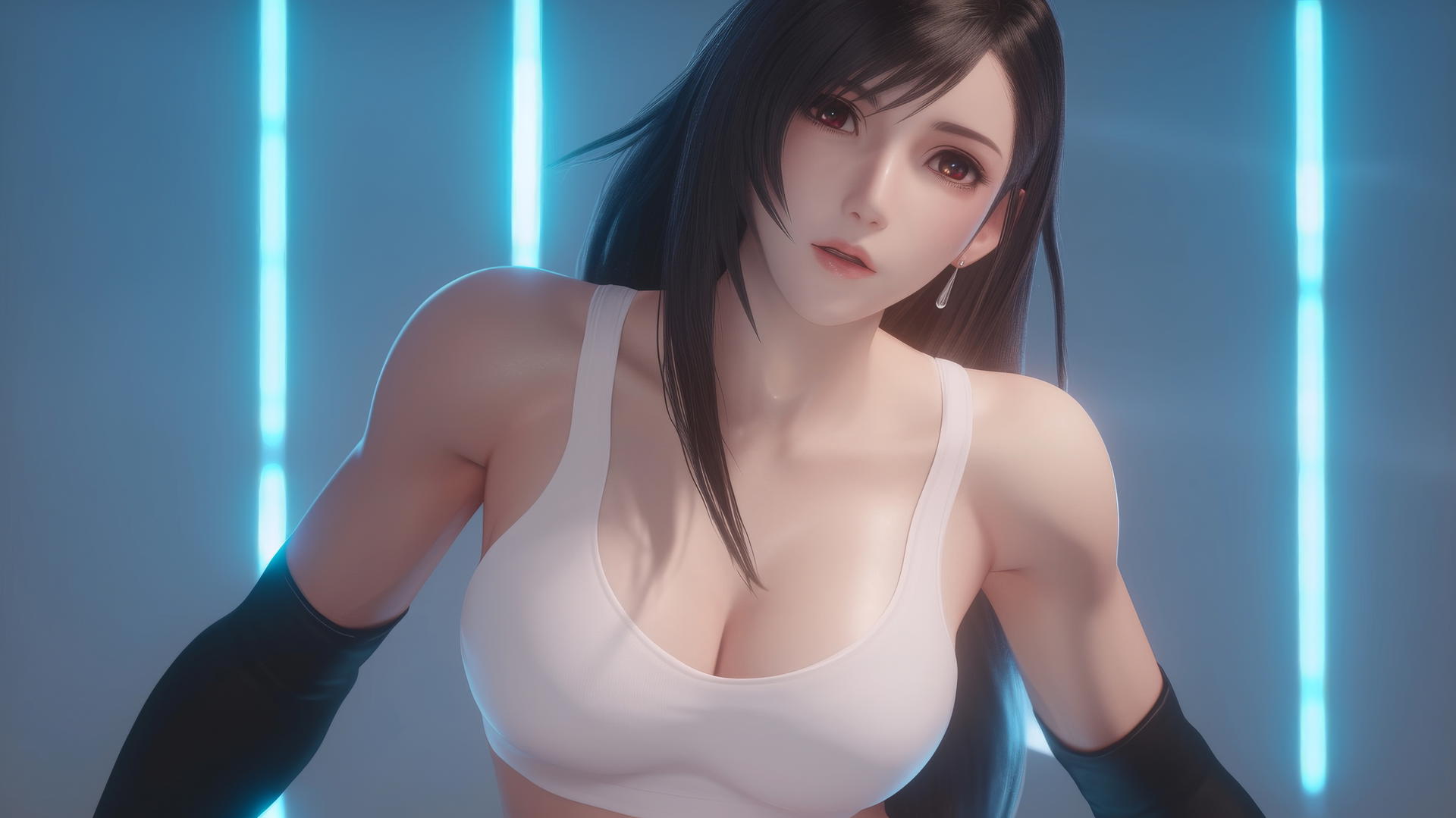 Tifa Lockhart wearing white T-shirt, kneeling with warm light, ceiling background.
