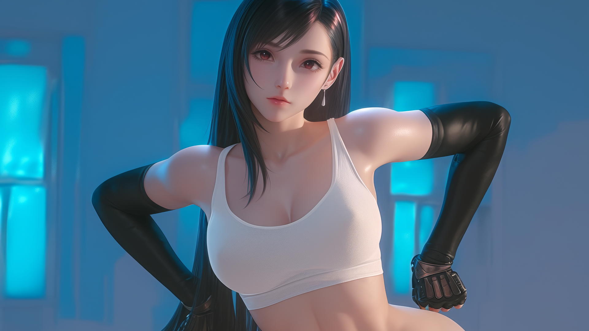 Tifa Lockhart from Final Fantasy kneeling and leaning forward with a soft glow