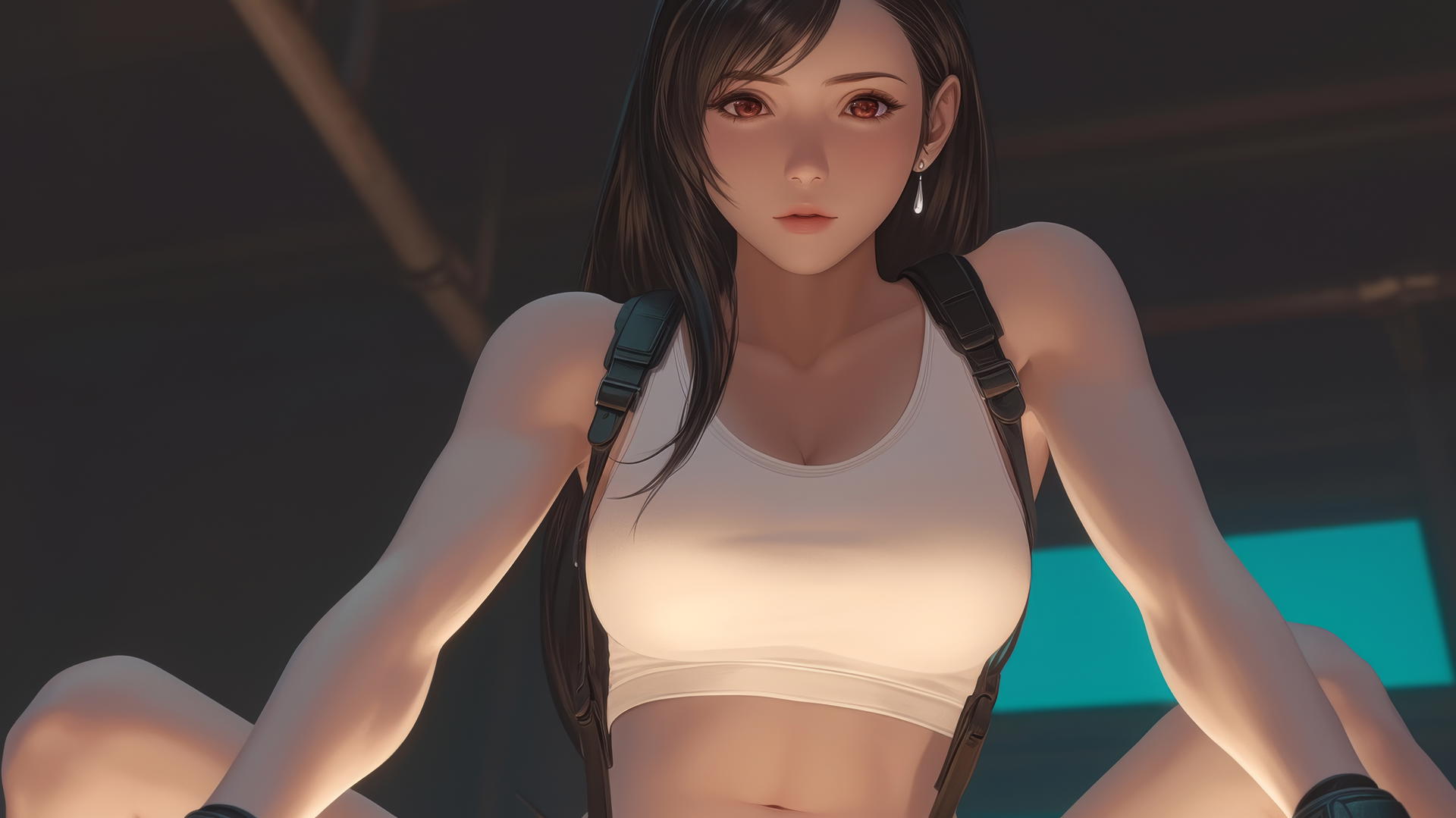 Tifa Lockhart kneeling and leaning forward with a ceiling background, warm light glow.
