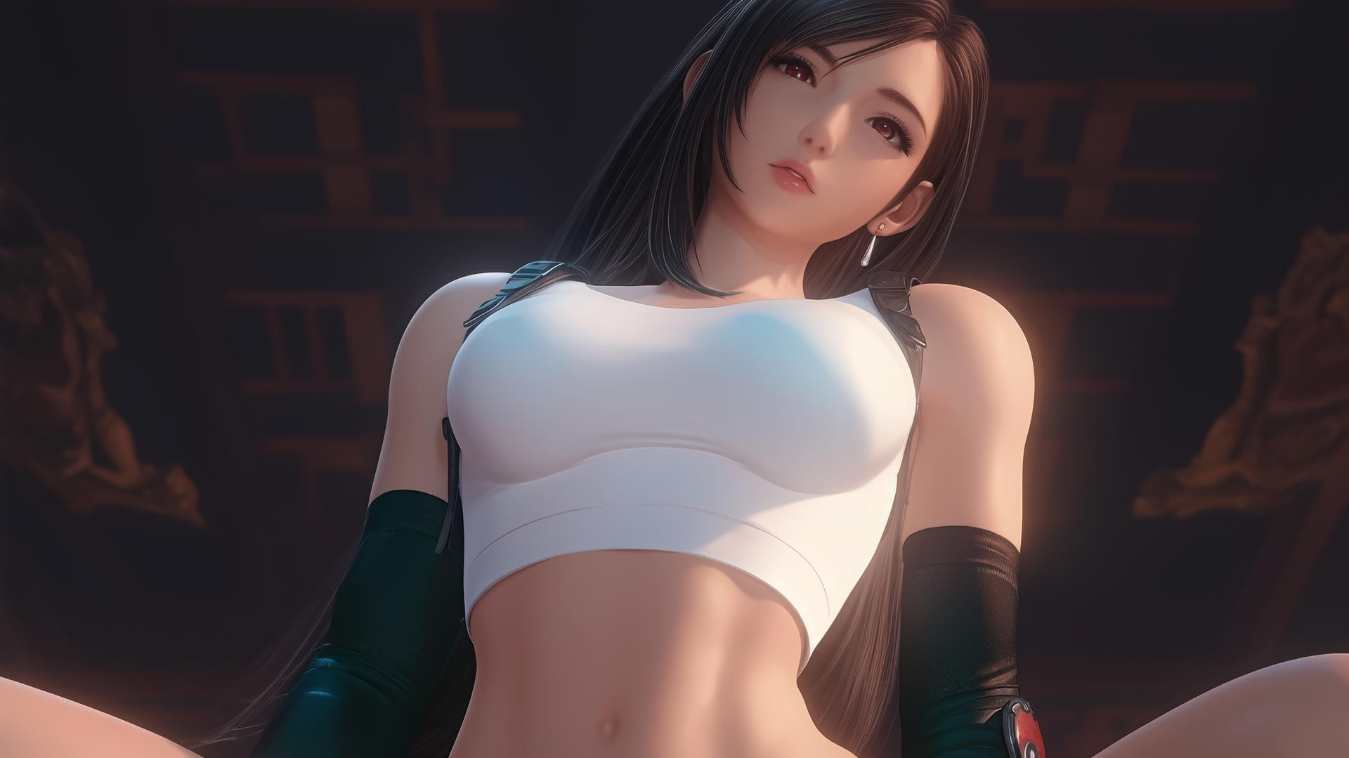 Tifa Lockhart kneeling and leaning towards the viewer with a warm light casting a soft glow.