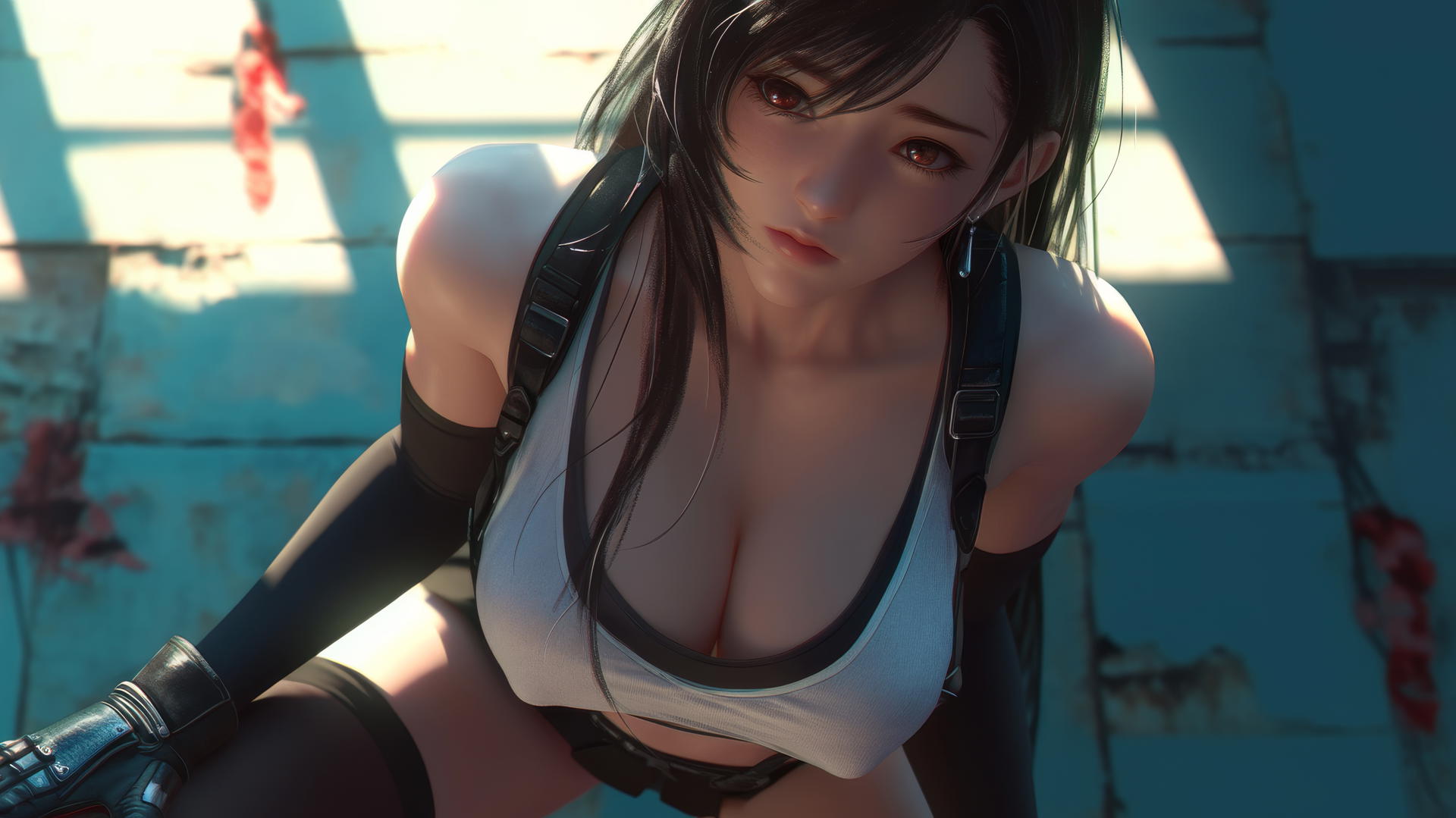 Tifa Lockhart kneeling, leaning forward, seen from below with a ceiling background.